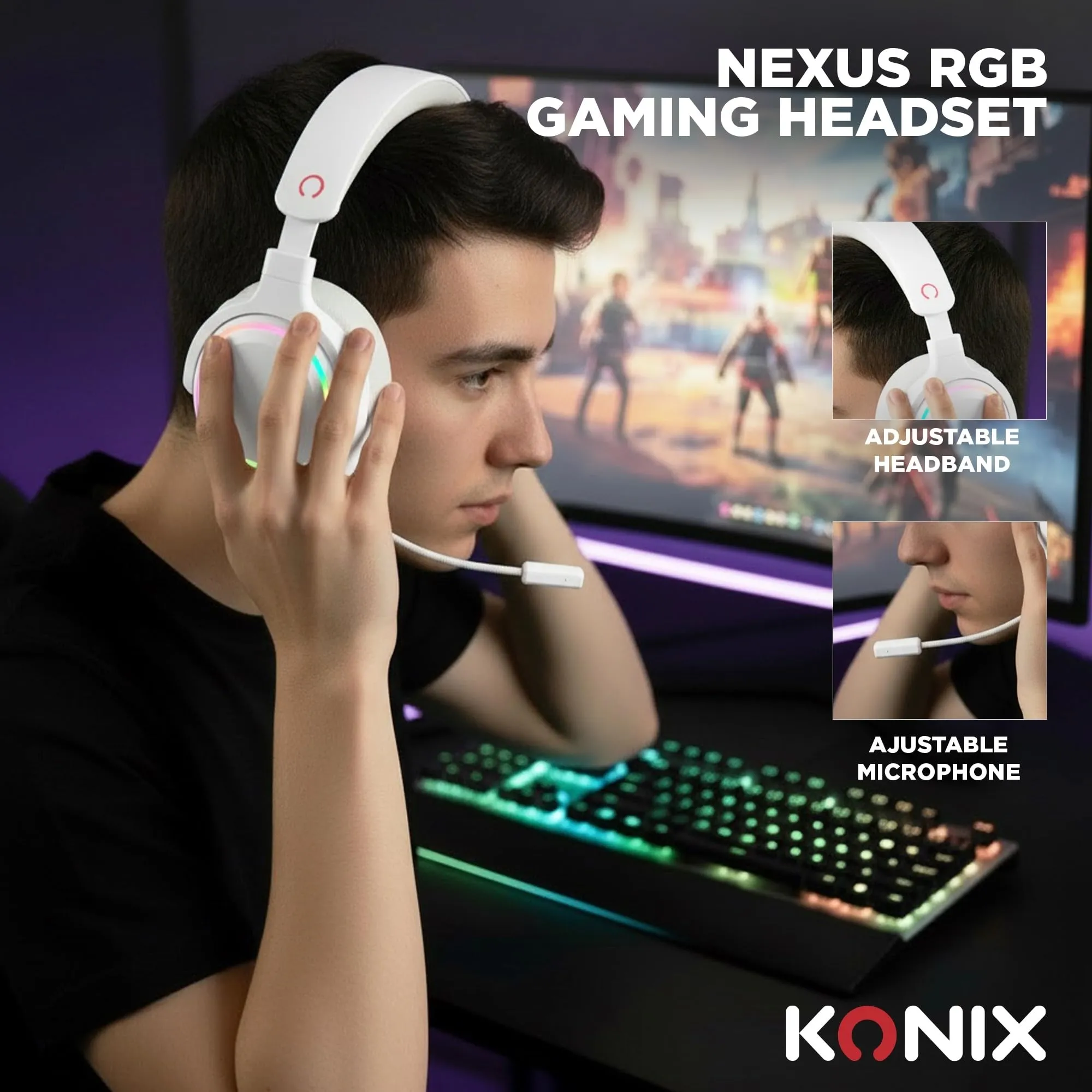 Konix Nexus Cuffie Gaming USB-A, Altoparlanti 40mm, Microfono, Illuminazione RGB, Bianco - immagine 4