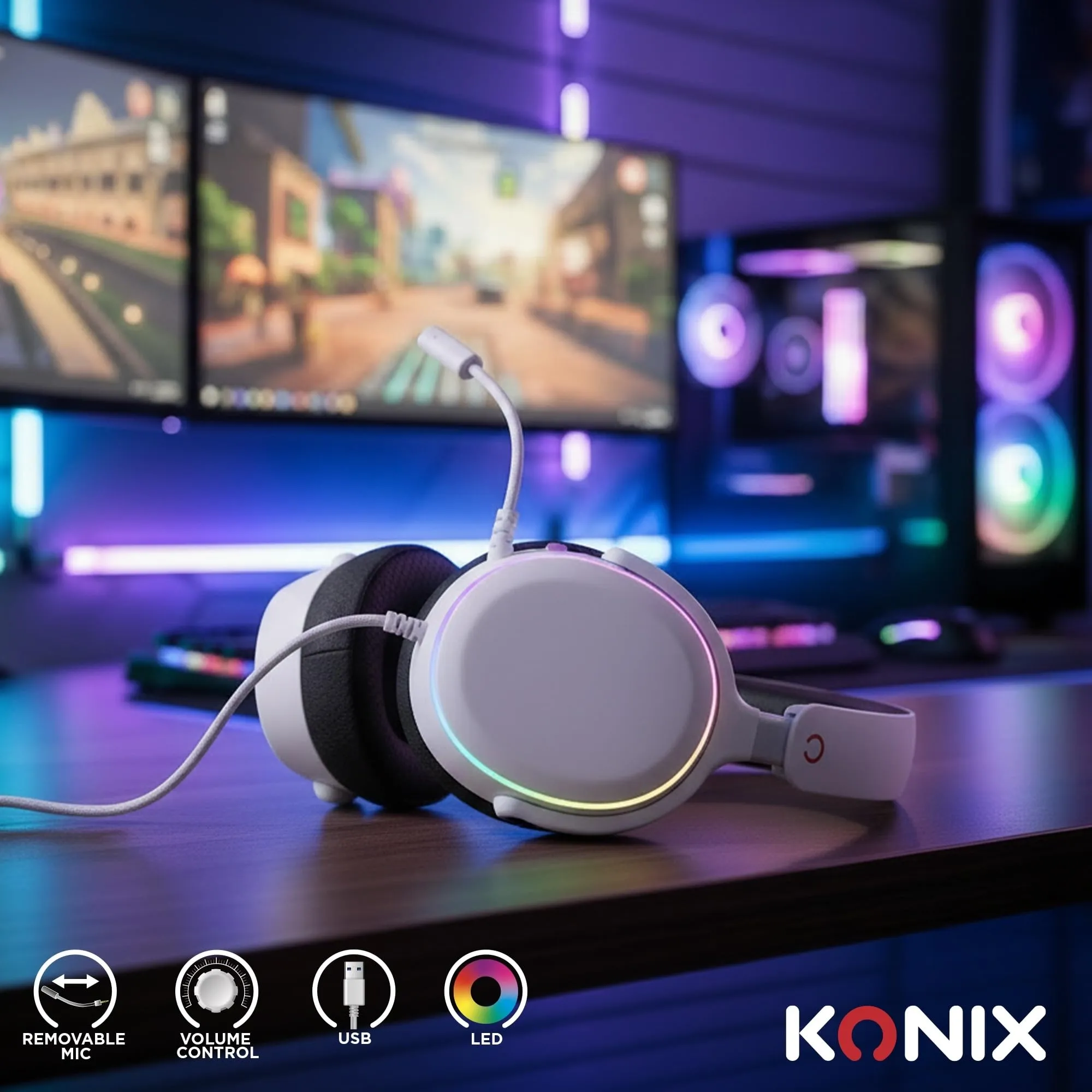 Konix Nexus Cuffie Gaming USB-A, Altoparlanti 40mm, Microfono, Illuminazione RGB, Bianco - immagine 5