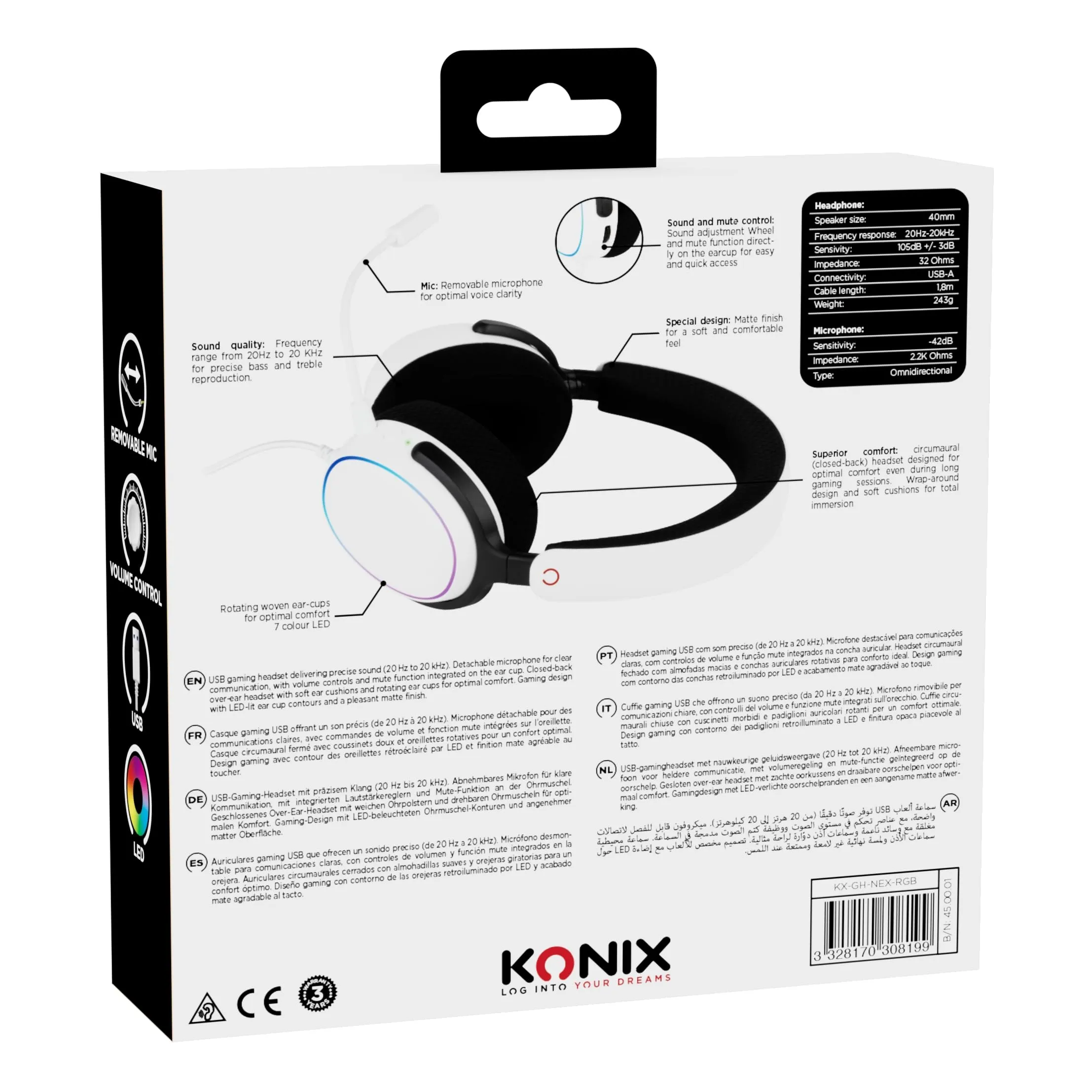 Konix Nexus Cuffie Gaming USB-A, Altoparlanti 40mm, Microfono, Illuminazione RGB, Bianco - immagine 7