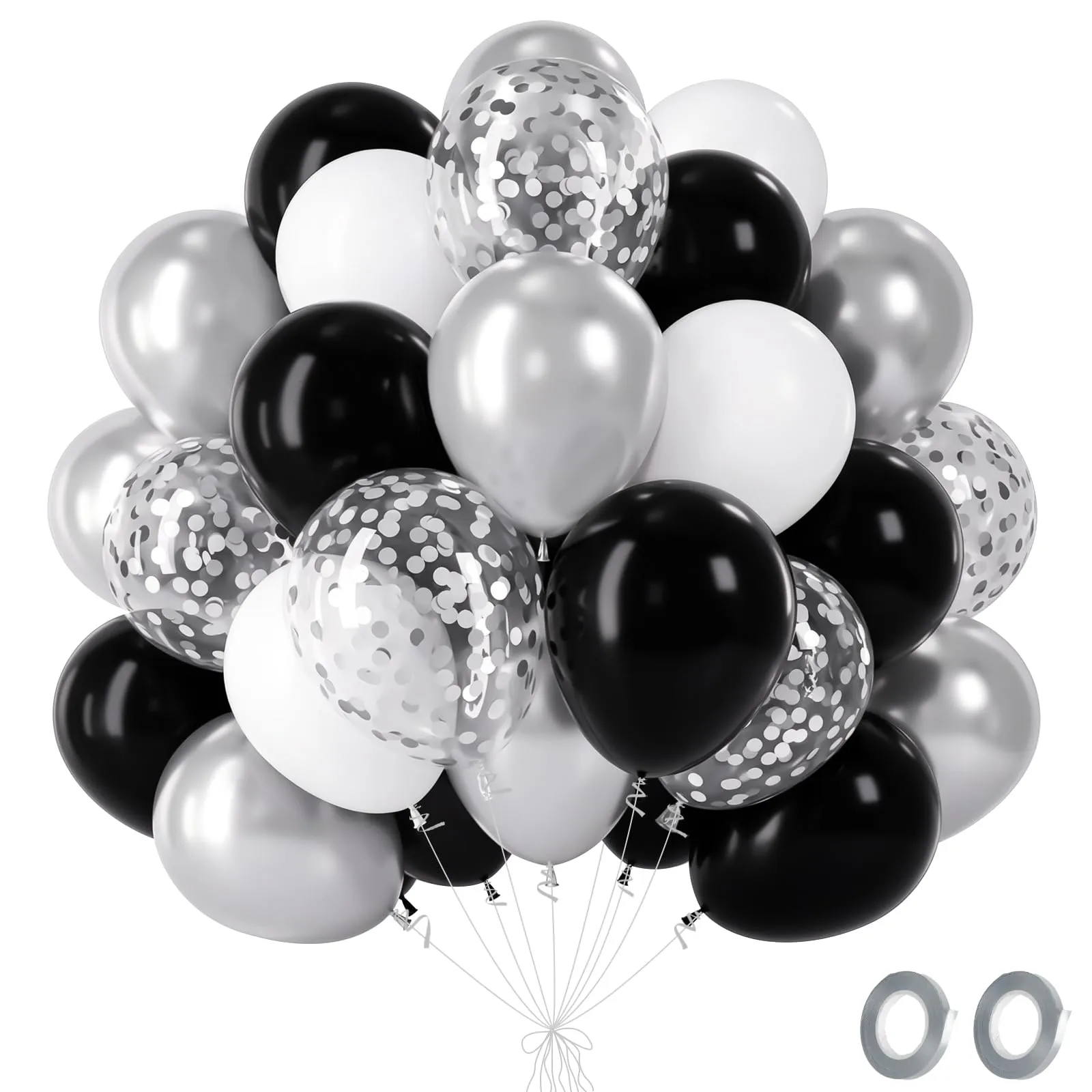 fairymaiden Palloncini Neri, Bianchi e Argento Metallizzato con Coriandoli, 60 Pezzi, 12 Pollici - immagine 1