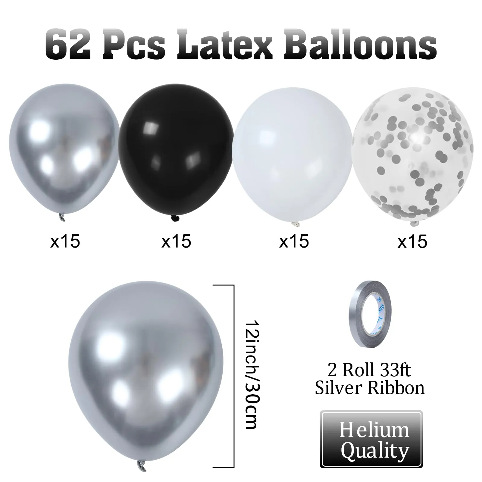fairymaiden Palloncini Neri, Bianchi e Argento Metallizzato con Coriandoli, 60 Pezzi, 12 Pollici - immagine 4