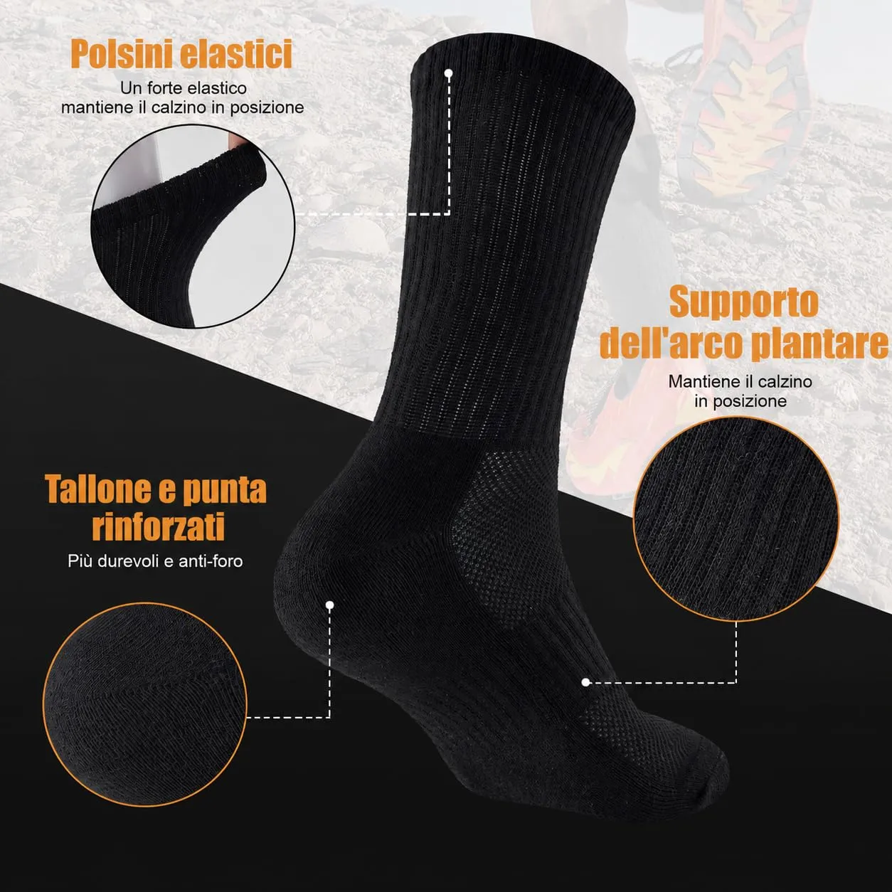 Niorasen Calzini Sportivi Invernali in Cotone, Trekking e Corsa Imbottiti, Unisex, 35-38, 6 Paia, Nero Unito - immagine 5