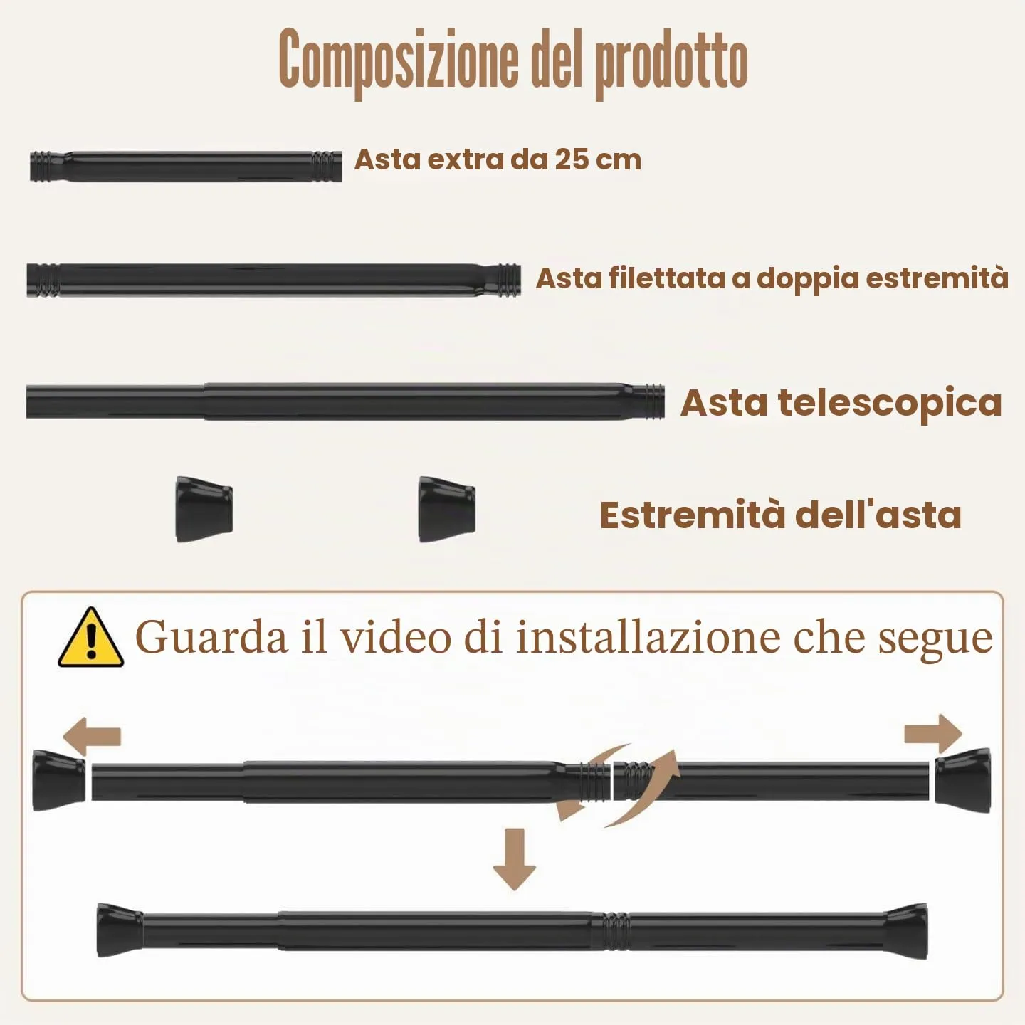 Rod&Trikin Bastone Tenda a Pressione Nero, 85-230cm Ø32mm - immagine 6