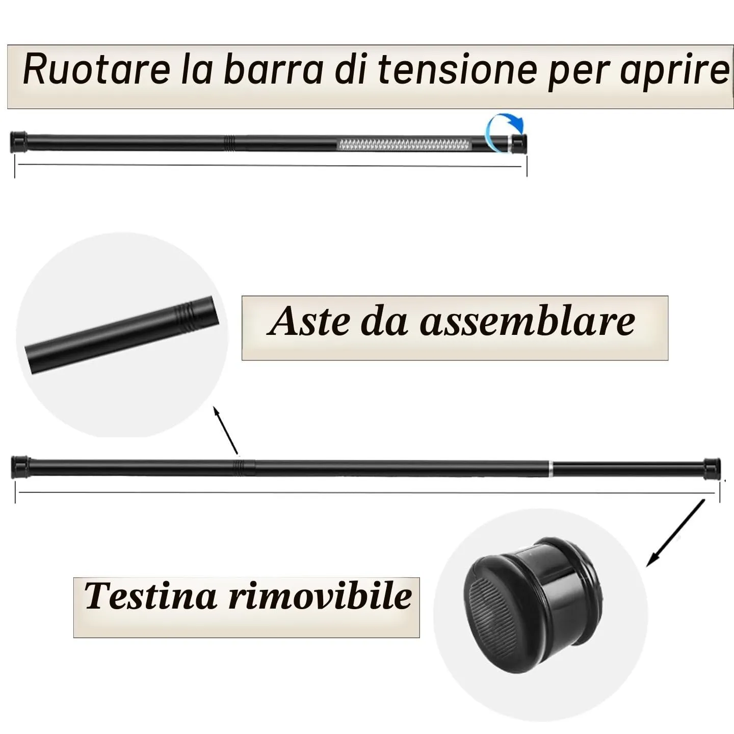 Rod&Trikin Bastone Tenda Estensibile a Pressione, Argento, 85-265cm Ø32mm - immagine 6