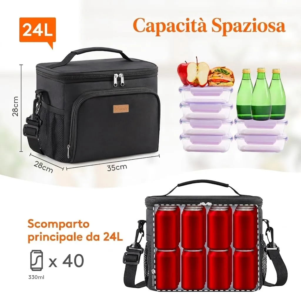 Lifewit Borsa Termica Porta Pranzo Impermeabile, Nero, 24L - immagine 3
