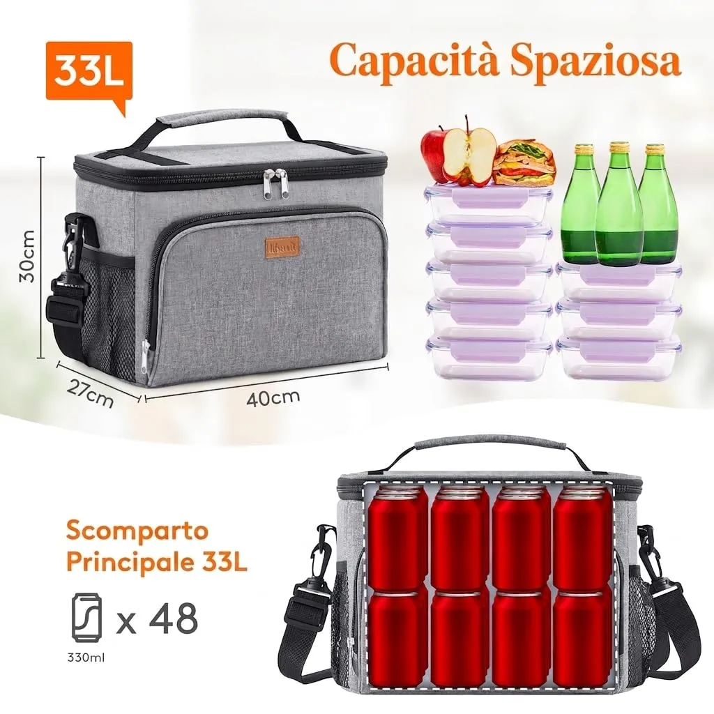 Lifewit Borsa Termica Porta Pranzo Impermeabile, 33L, Grigio - immagine 3
