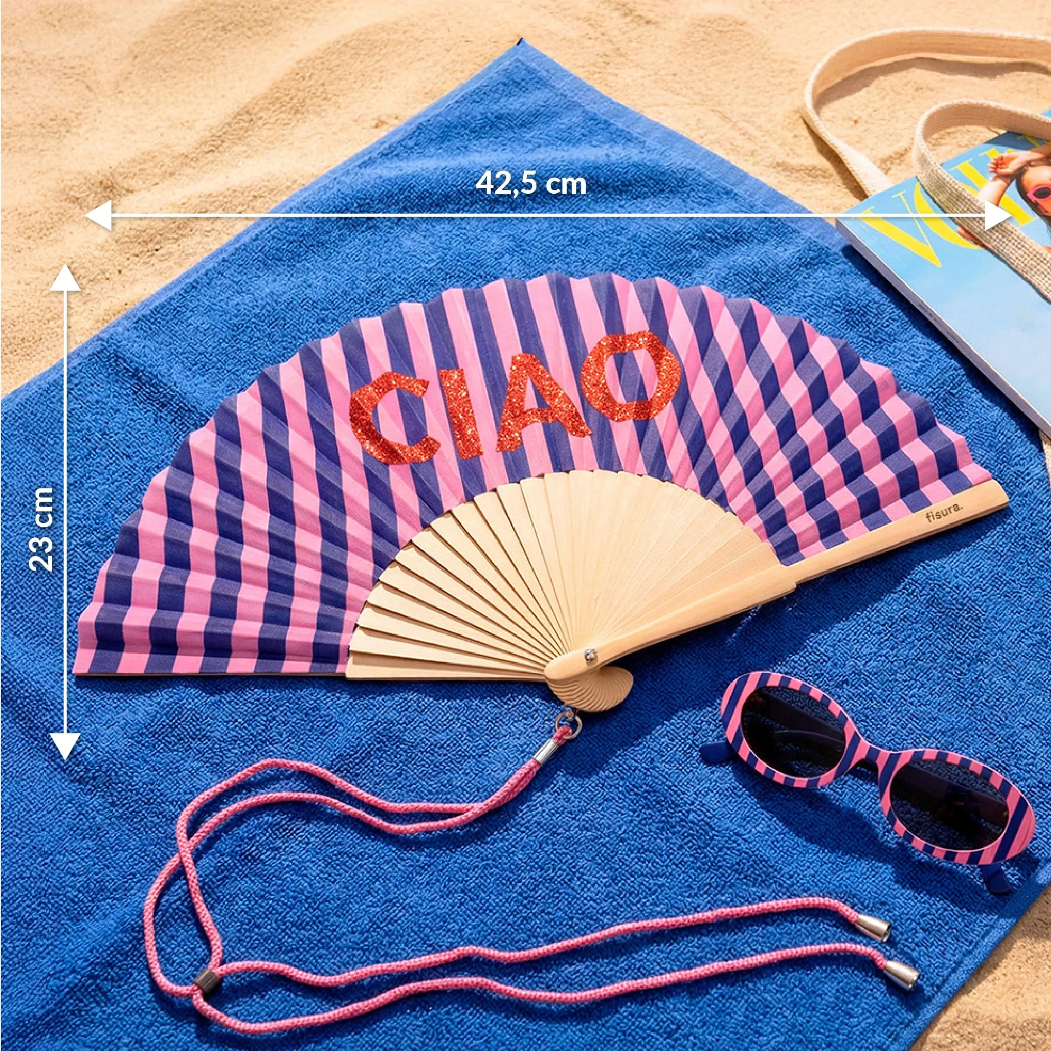 Fisura Ventaglio Originale con Messaggio Ciao, Legno con Glitter, Righe Blu e Rosa, 42,5 x 23 cm - immagine 6