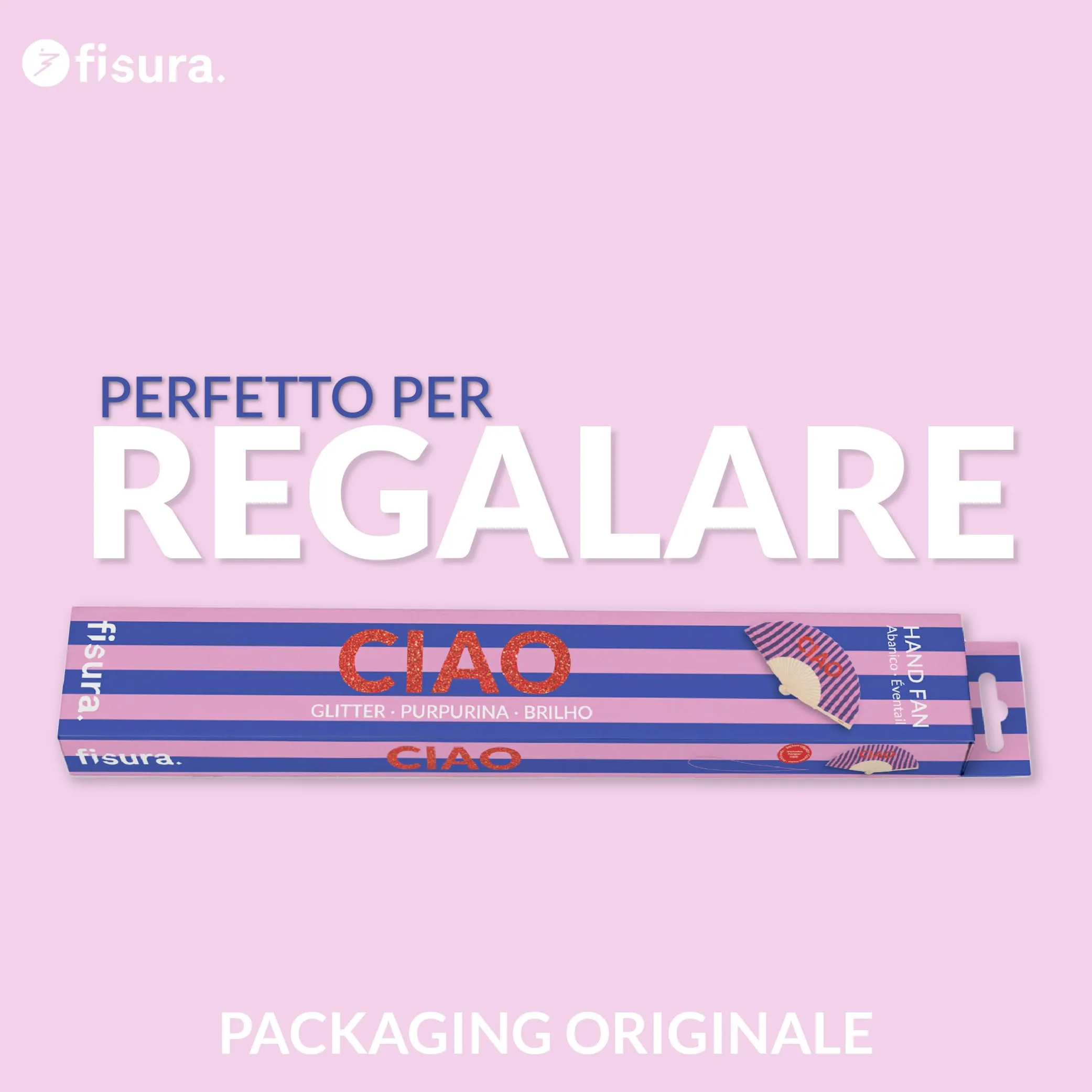 Fisura Ventaglio Originale con Messaggio Ciao, Legno con Glitter, Righe Blu e Rosa, 42,5 x 23 cm - immagine 7