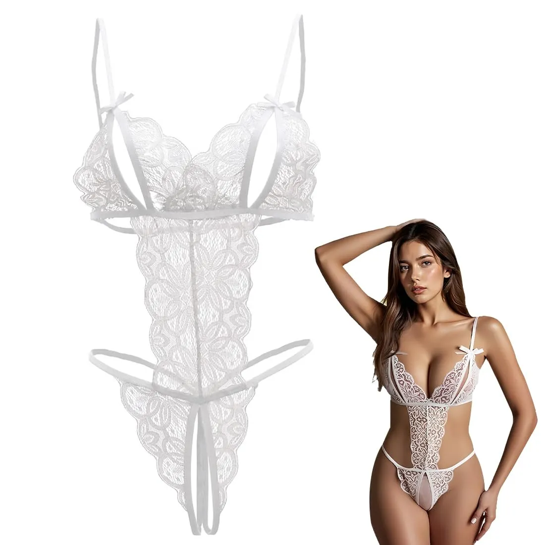 LAKPYN Intimo Donna Sexy Body in Pizzo con Fiocco e Gonna Aperta Regolabile, Bianco - immagine 1