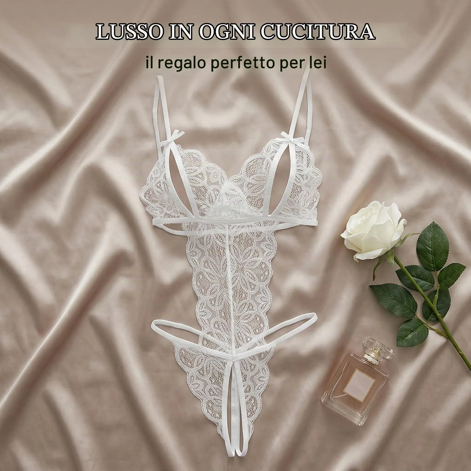 LAKPYN Intimo Donna Sexy Body in Pizzo con Fiocco e Gonna Aperta Regolabile, Bianco - immagine 5