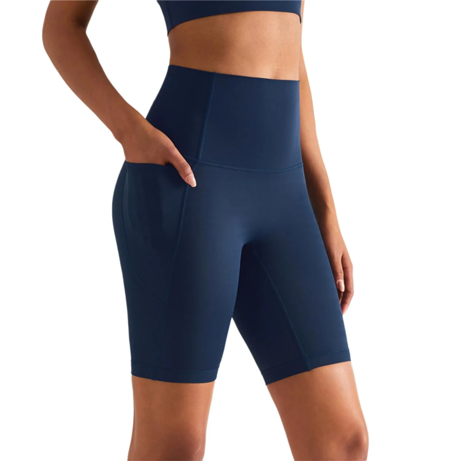 XDSP Pantaloncini Sportivi da Donna Yoga a Vita Alta con Tasche Laterali, Blu-1, S - immagine 1