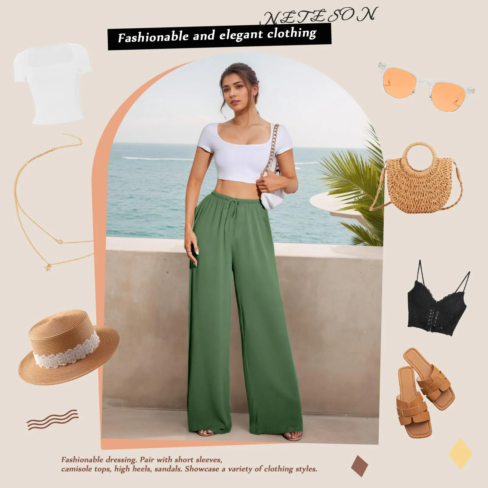 Neteson Pantaloni in Lino Donna Larghi a Vita Elastica - immagine 5