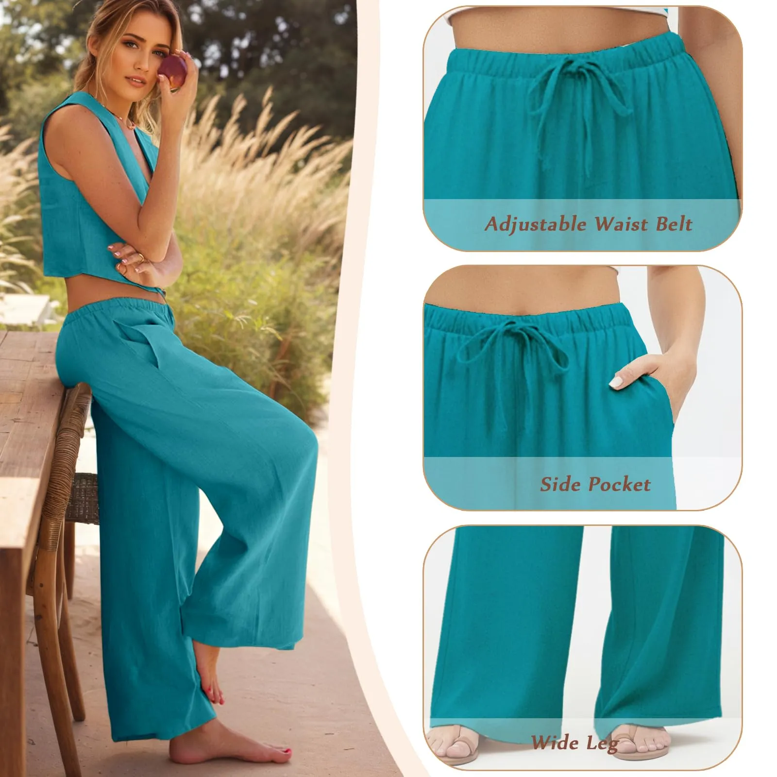 Neteson Pantaloni in Lino Donna a Gamba Larga con Vita Elastica - immagine 4