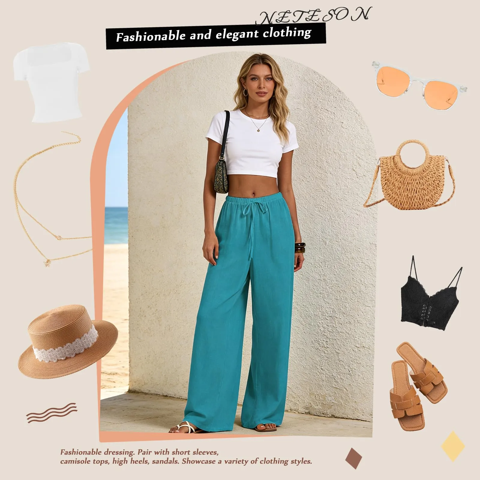 Neteson Pantaloni in Lino Donna a Gamba Larga con Vita Elastica - immagine 5