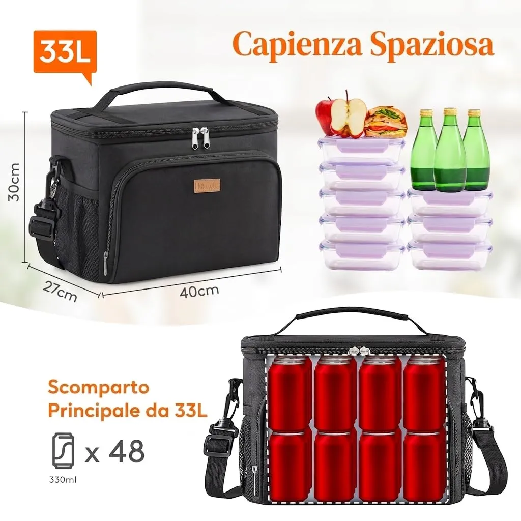 Lifewit Borsa Termica Porta Pranzo, Impermeabile con Tracolla, Nero, 33L - immagine 3