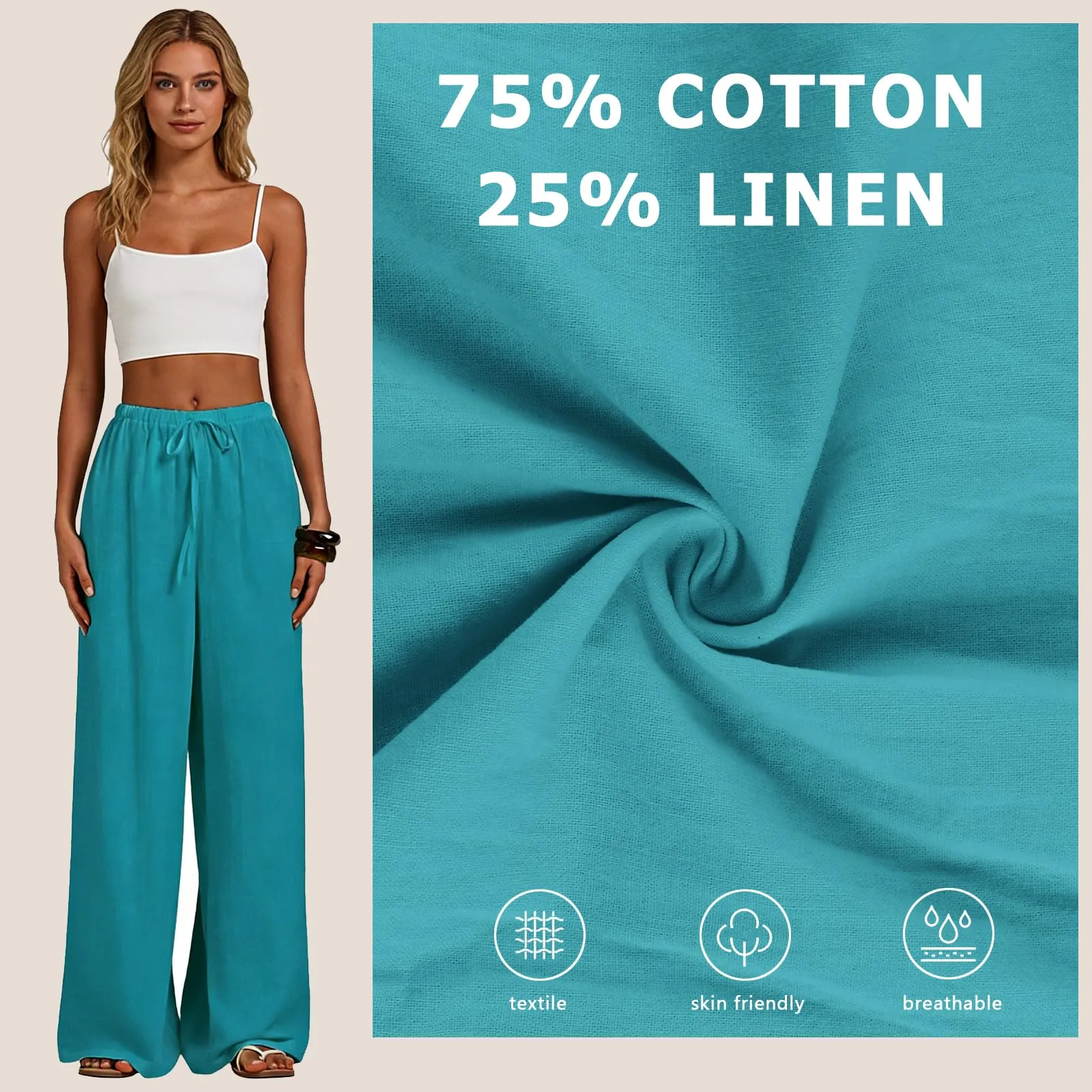Neteson Pantaloni in Lino Donna Larghi Leggeri con Vita Elastica - immagine 3