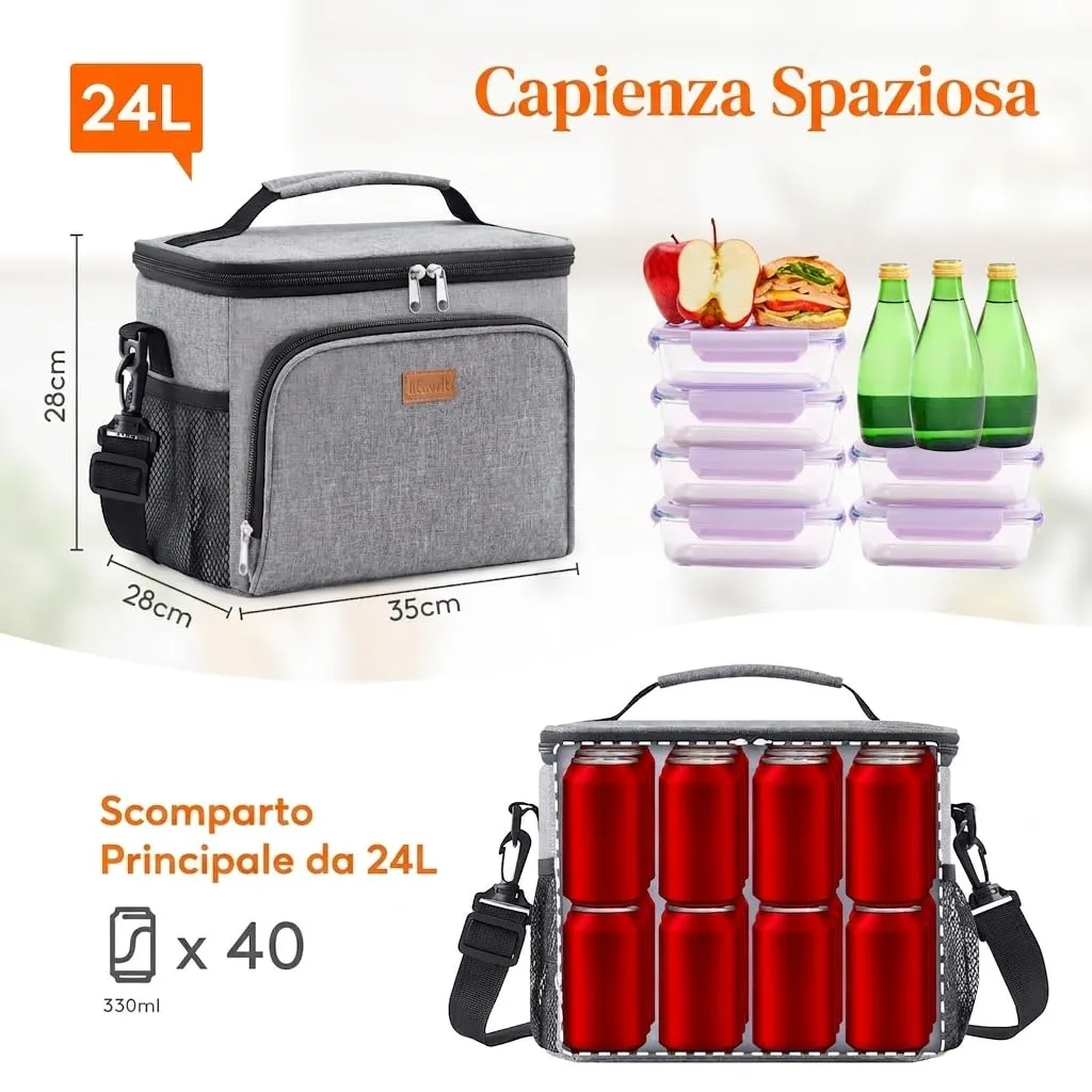 Lifewit Borsa Termica Porta Pranzo Impermeabile, Grigio, 24L - immagine 3