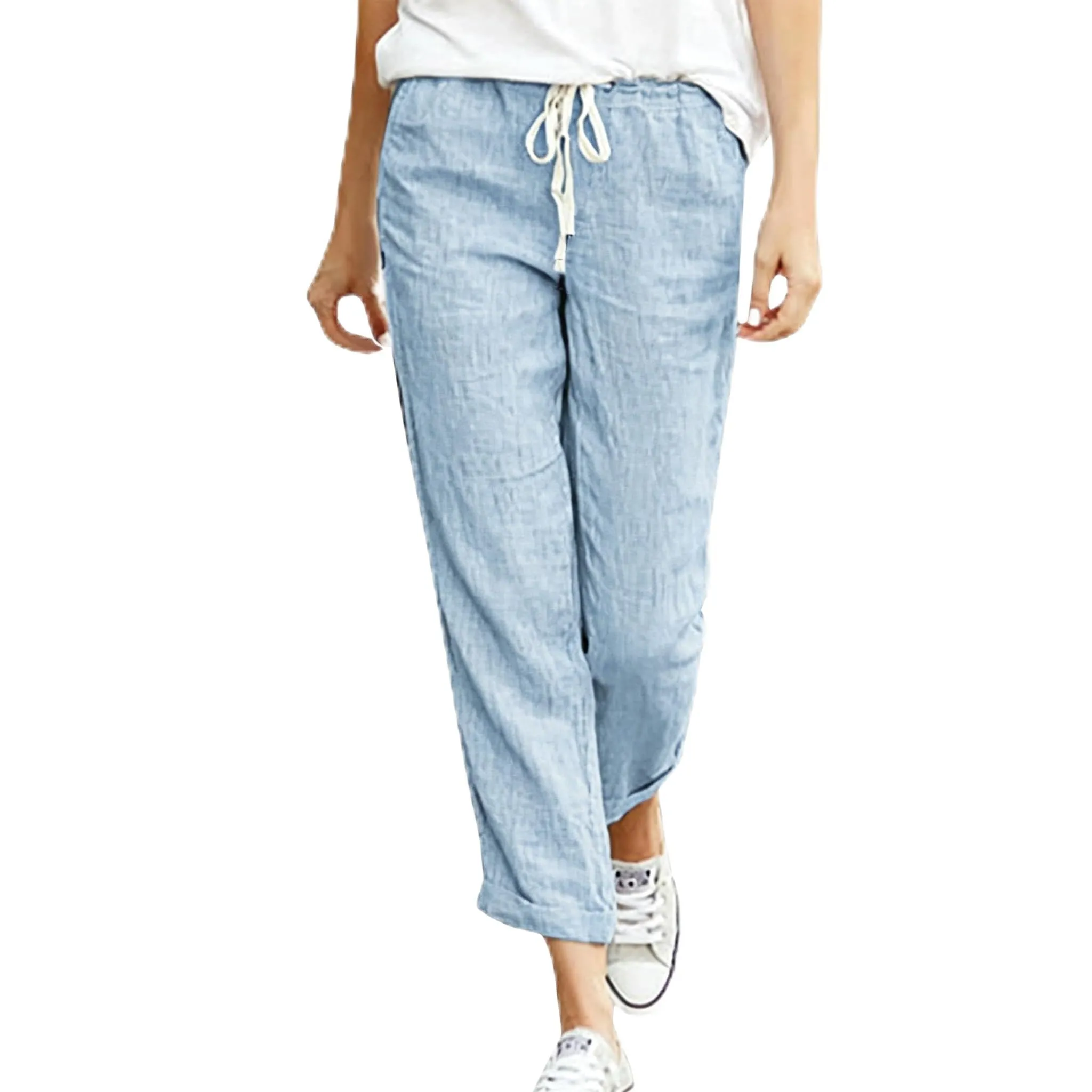 Cegerne Pantaloni in Lino Donna 7/8, Blu, L - immagine 1