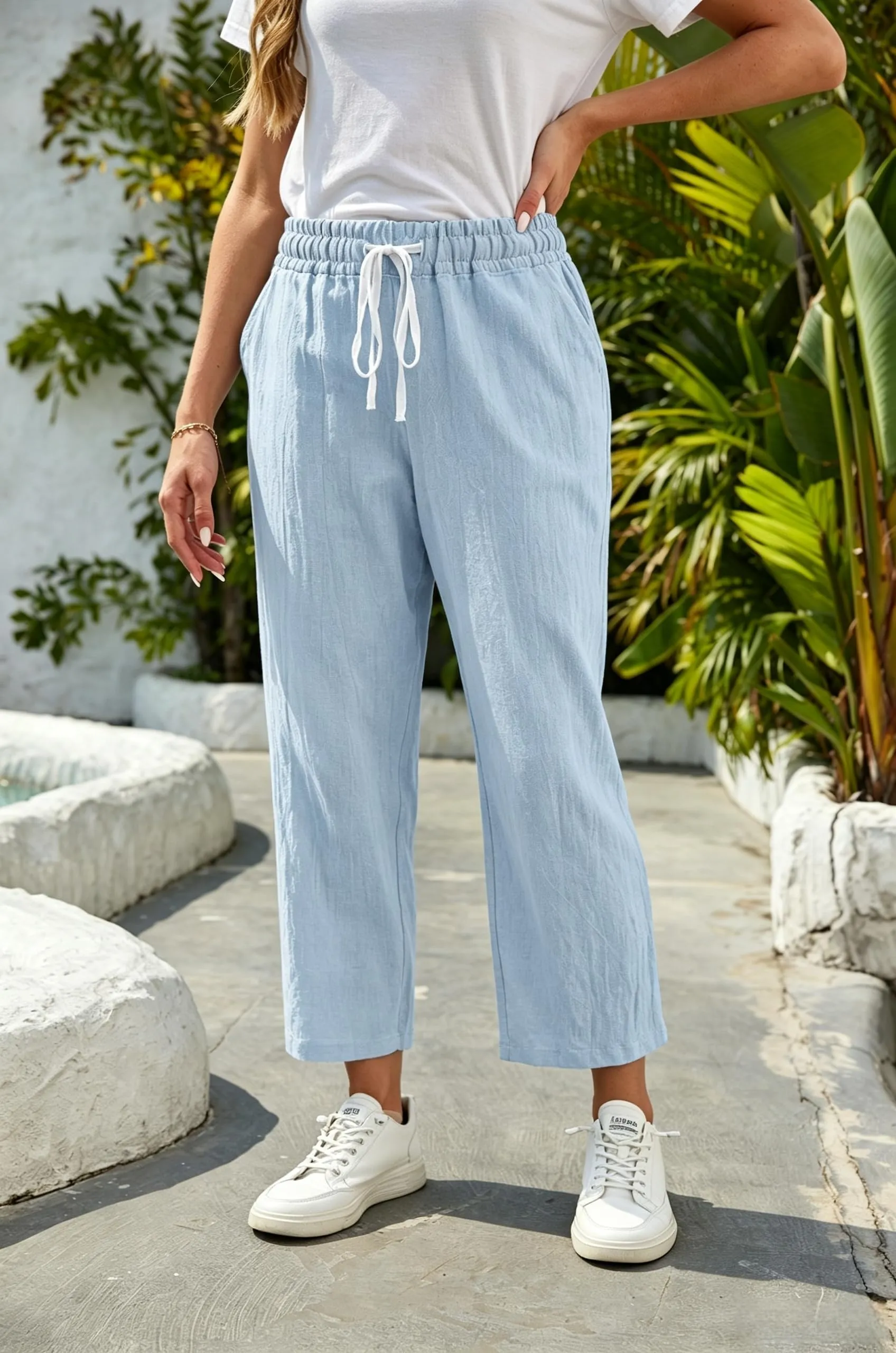 Cegerne Pantaloni in Lino Donna 7/8, Blu, L - immagine 4