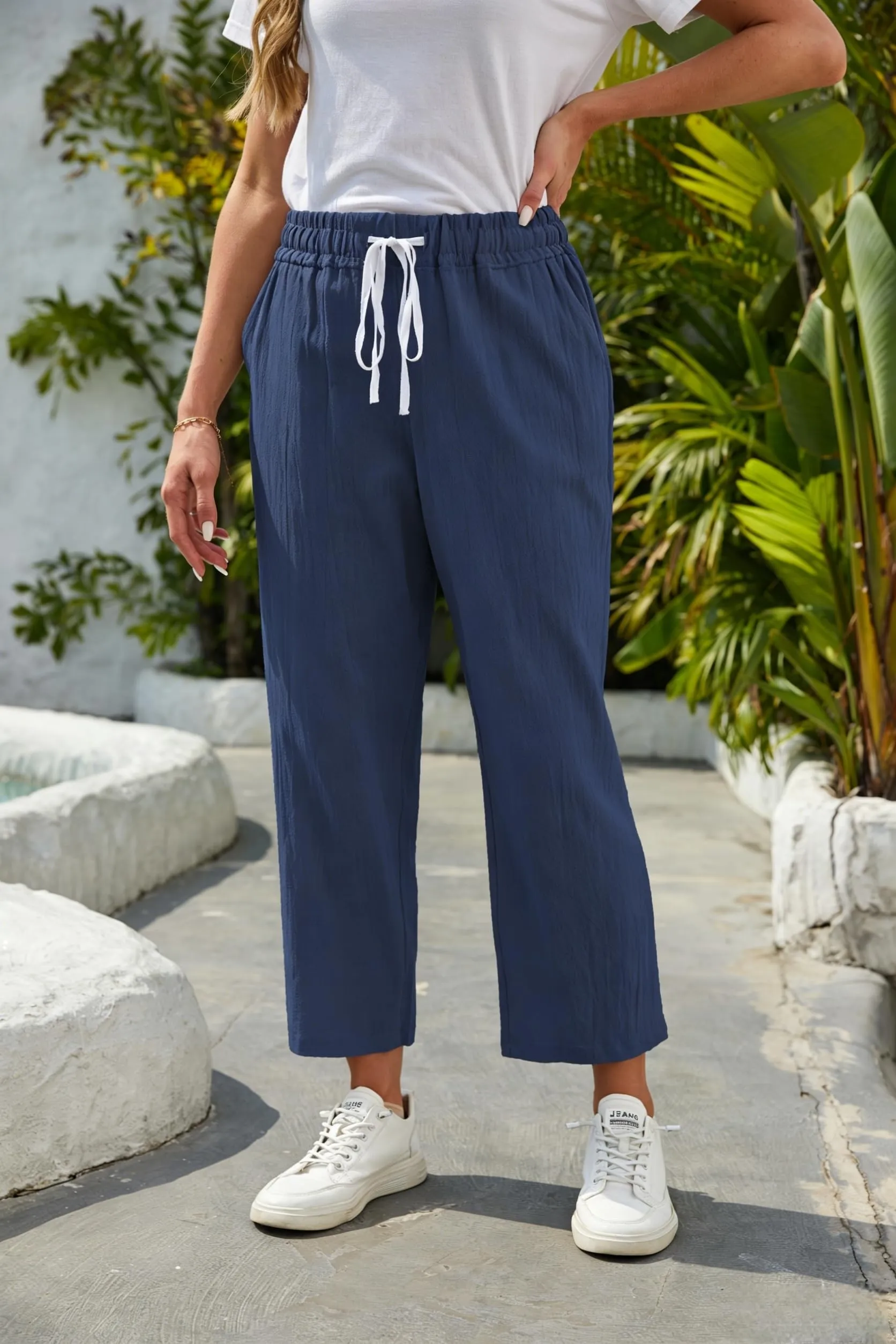 Cegerne Pantaloni in Lino Donna 7/8 Estivi, Blu Navy, L - immagine 4