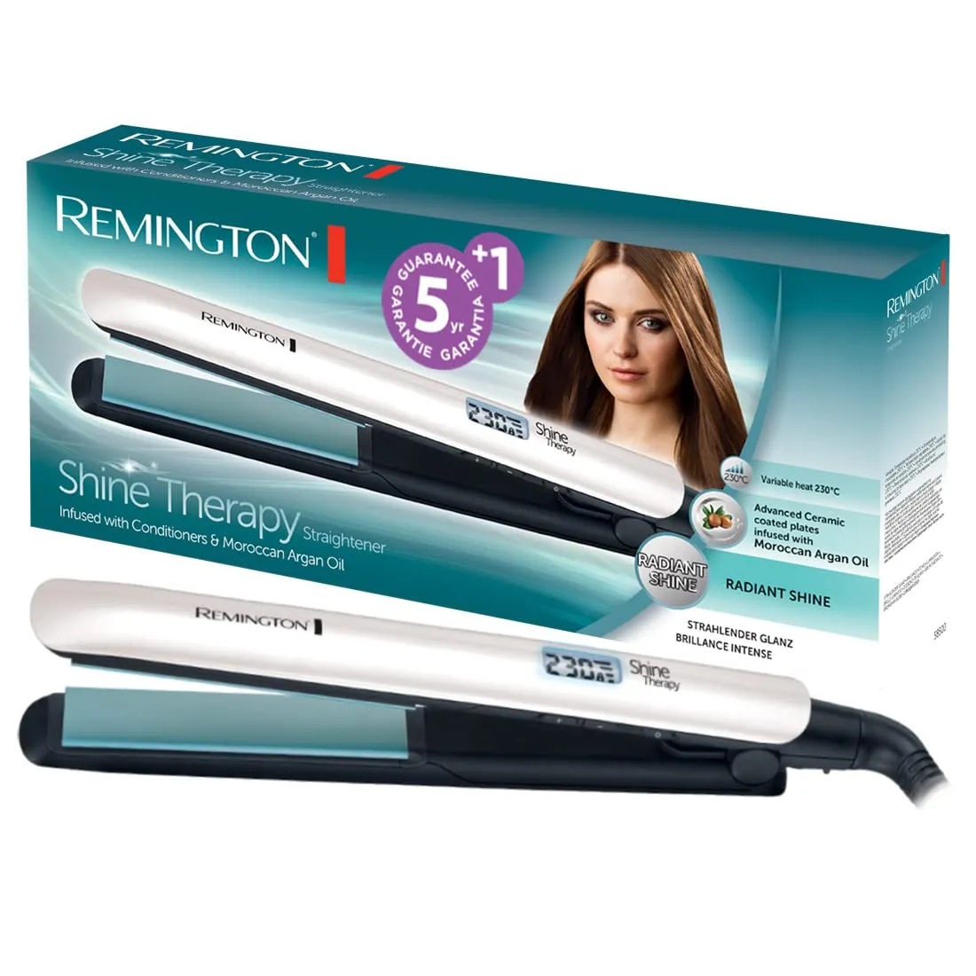 Remington Shine Therapy Piastra per Capelli, Rivestimento Ceramico con Olio di Argan e Vitamina E, Display LCD, 150-230°C, S8500 - immagine 1