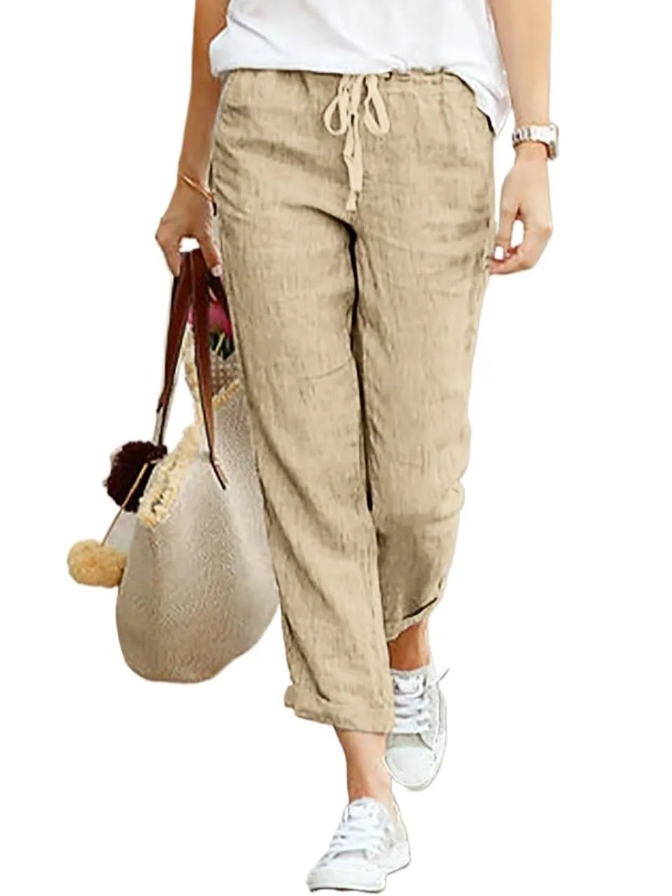 Cegerne Pantaloni in Lino Donna 7/8 Estivi, Beige, 3XL - immagine 1