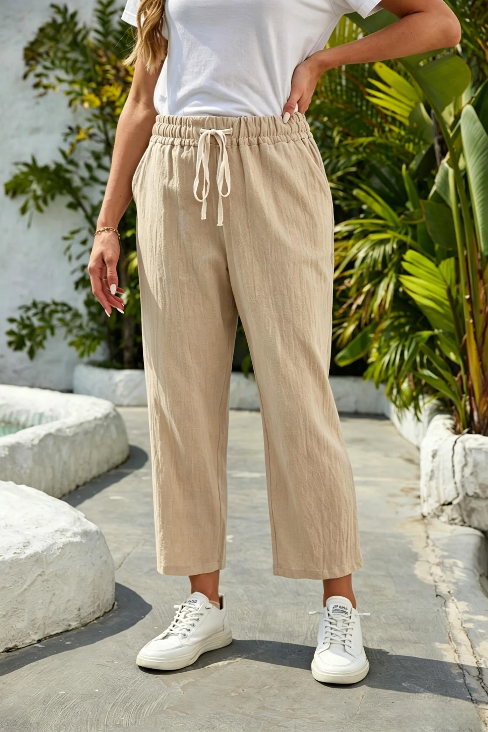 Cegerne Pantaloni in Lino Donna 7/8, Beige, XL - immagine 4
