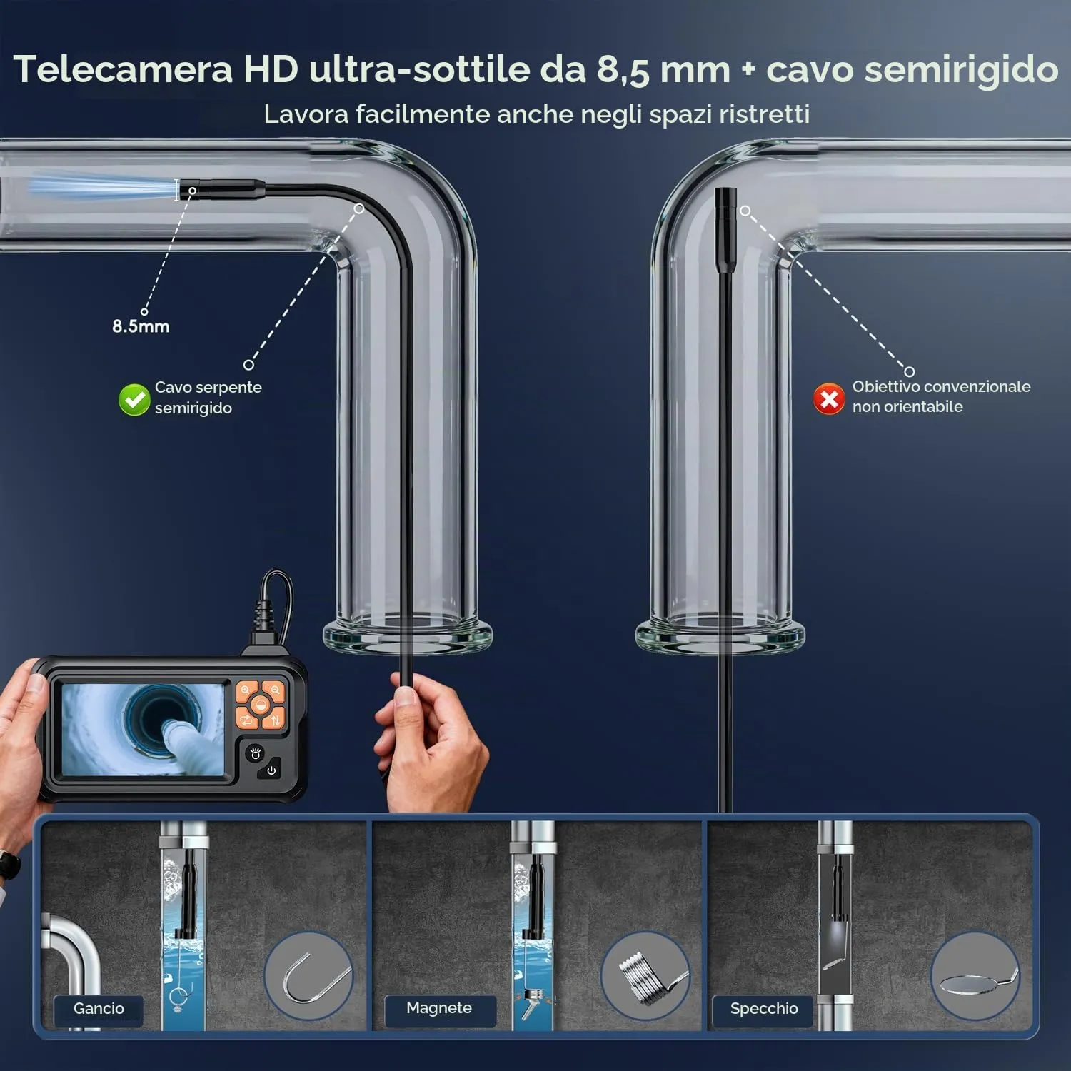 SKYBASIC Endoscopio Industriale 4.3" HD 1080P IP67 5M - immagine 6