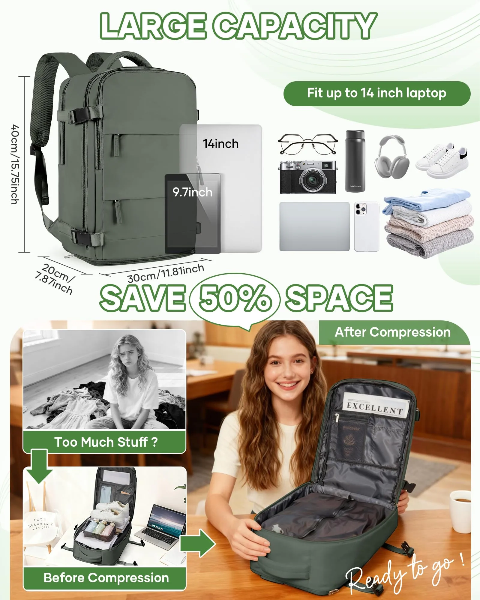 SZLX Zaino da Viaggio Sottovuoto con Pompa 40x30x20 per Ryanair, Wizzair, Easyjet, Compatibile con Laptop 14 Pollici e Porta Scarpe - immagine 5
