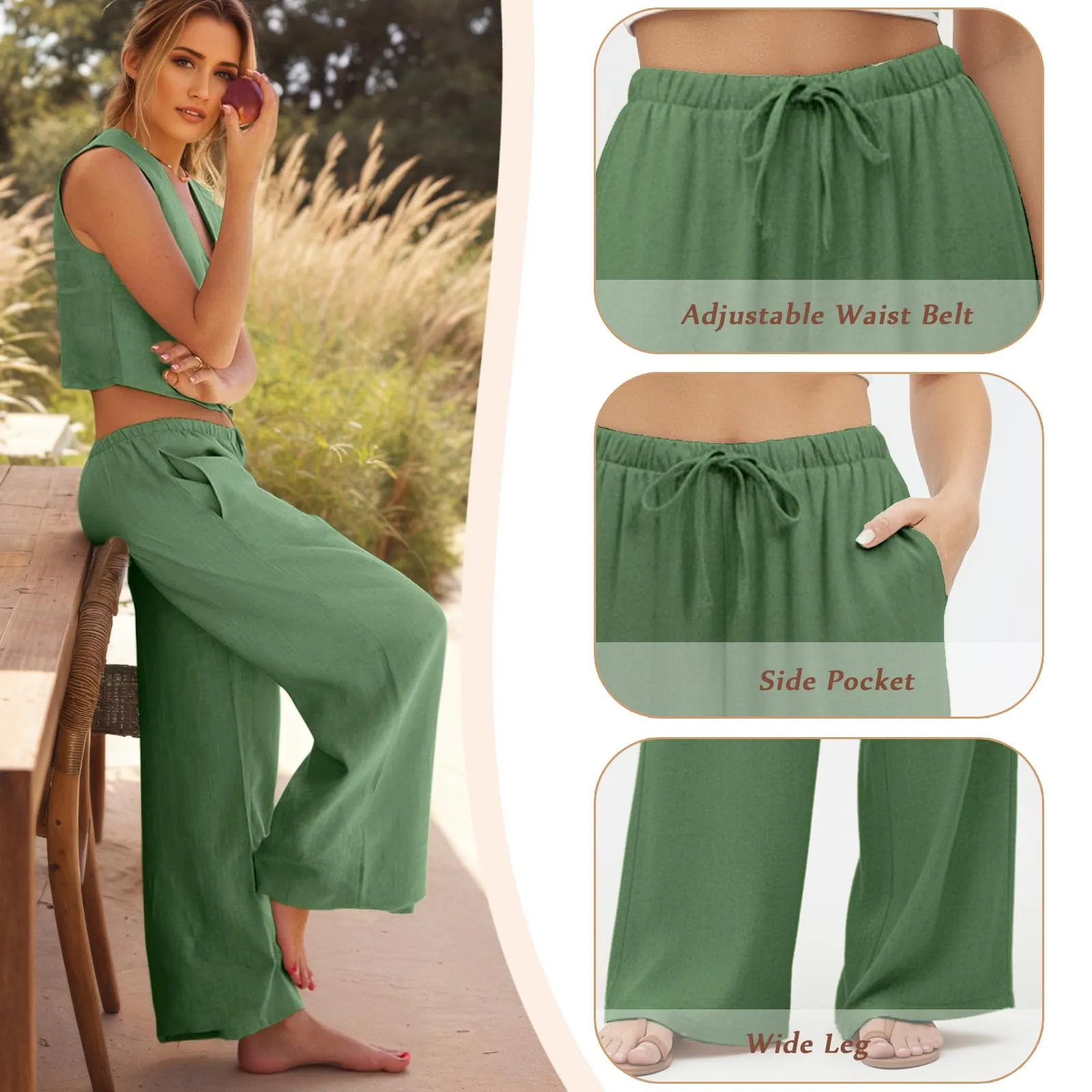 Neteson Pantaloni in Lino Donna Larghi a Vita Elastica - immagine 4