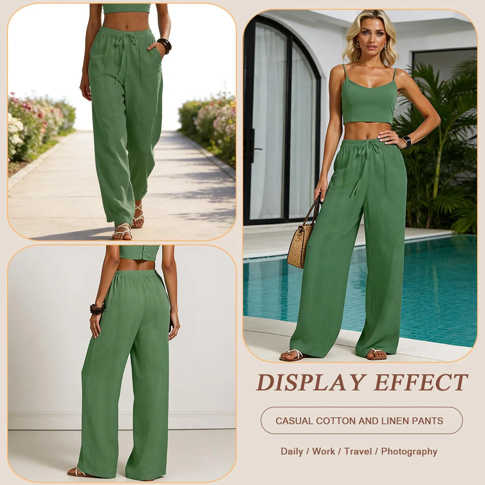 Neteson Pantaloni in Lino Donna a Gamba Larga con Vita Elastica - immagine 2