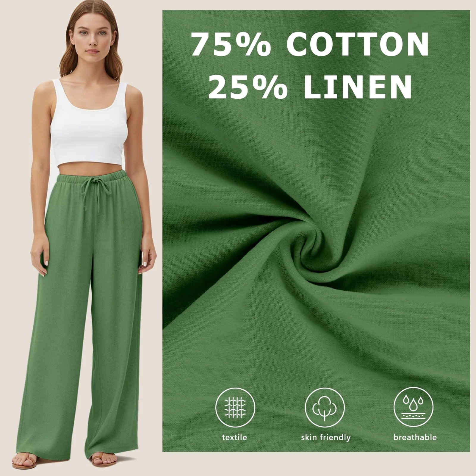 Neteson Pantaloni in Lino Donna a Gamba Larga con Vita Elastica - immagine 3
