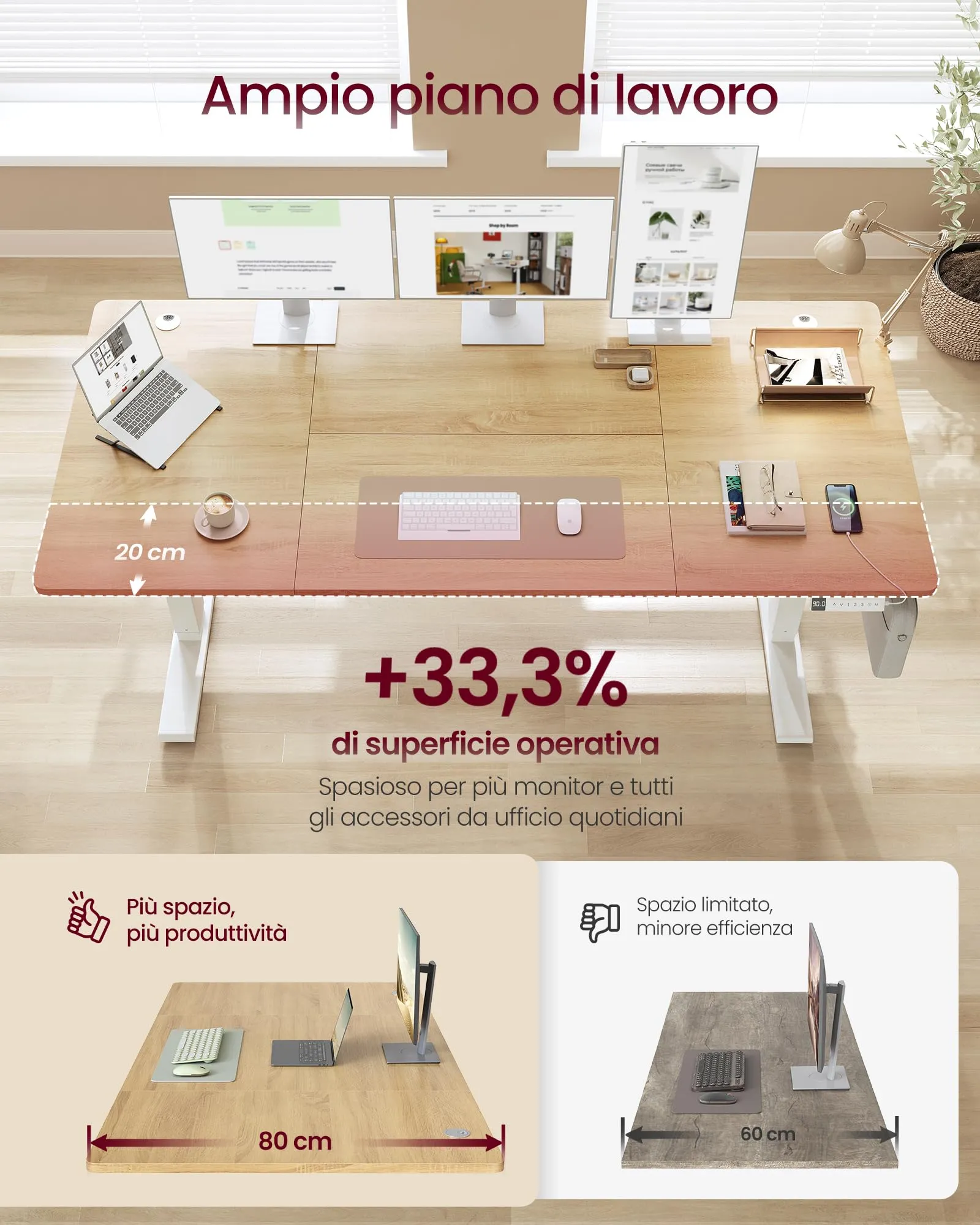 VASAGLE Scrivania Elettrica Regolabile in Altezza, 180 x 80 cm, Rovere Dorato - immagine 3