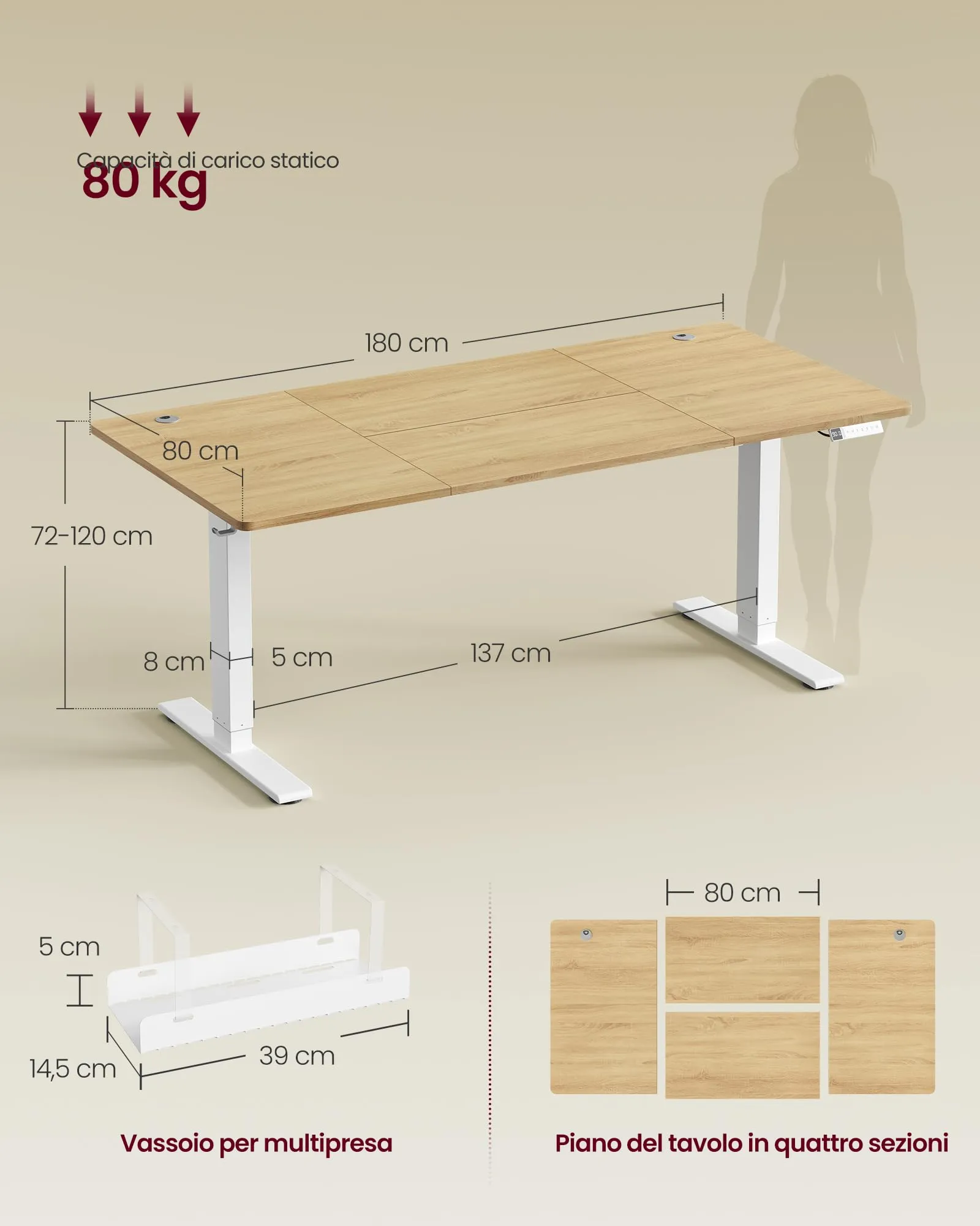 VASAGLE Scrivania Elettrica Regolabile in Altezza, 180 x 80 cm, Rovere Dorato - immagine 7