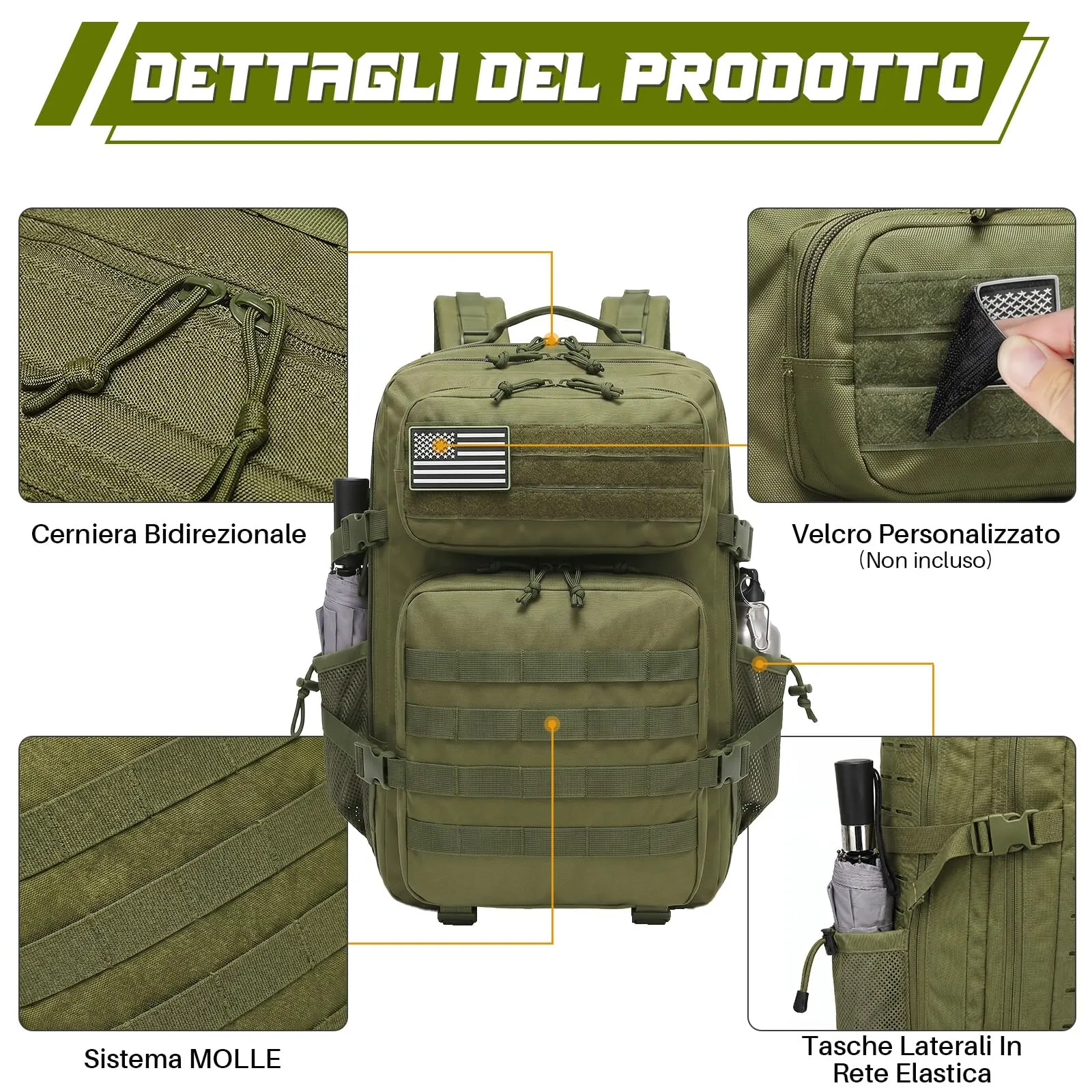 SHANNA Zaino Tattico Militare 45 Litri Impermeabile con Sistema Molle per Hiking, Campeggio e Trekking - immagine 2