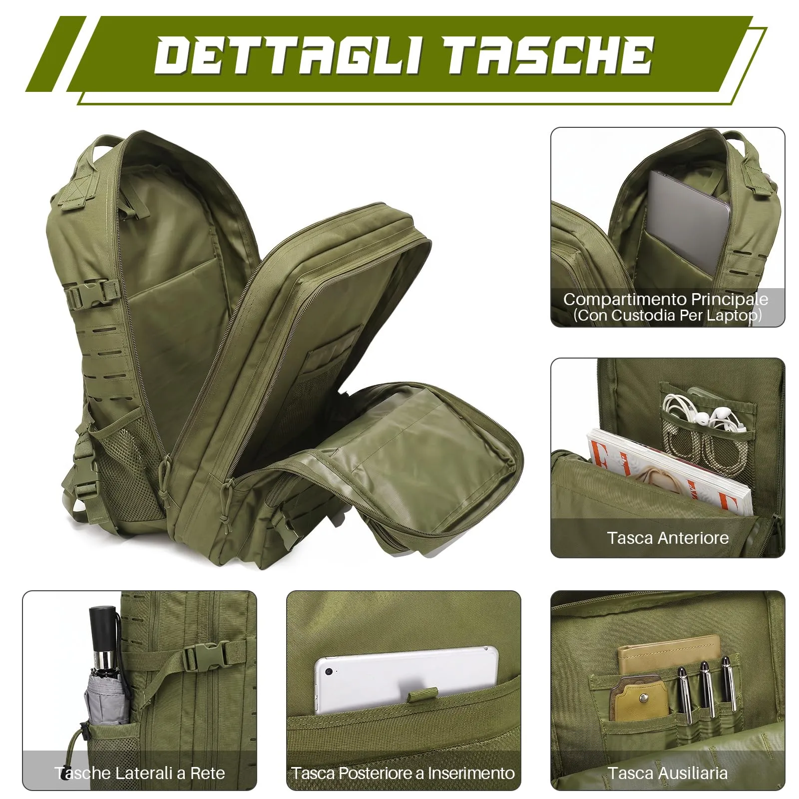 SHANNA Zaino Tattico Militare 45 Litri Impermeabile con Sistema Molle per Hiking, Campeggio e Trekking - immagine 3
