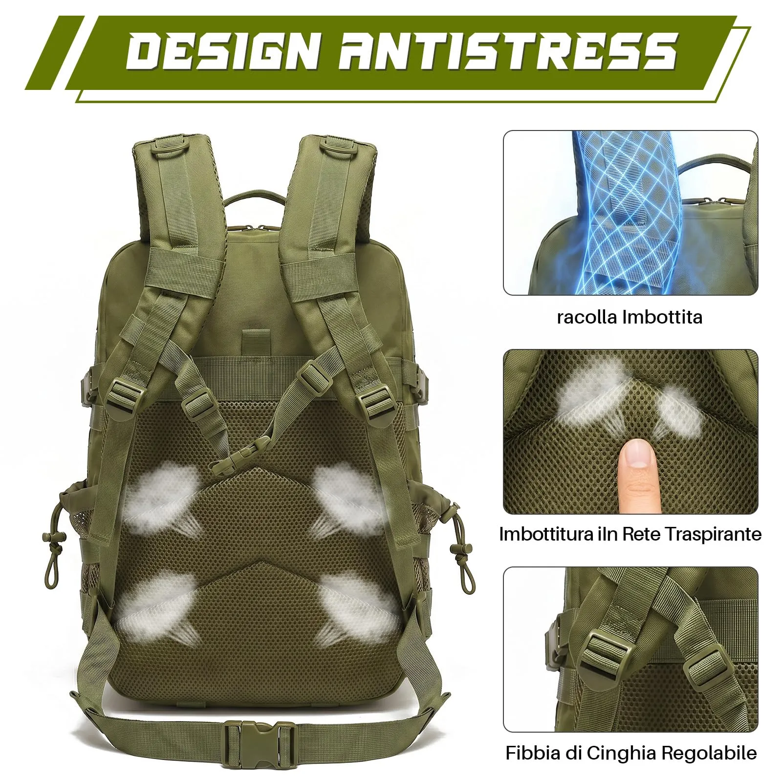 SHANNA Zaino Tattico Militare 45 Litri Impermeabile con Sistema Molle per Hiking, Campeggio e Trekking - immagine 4