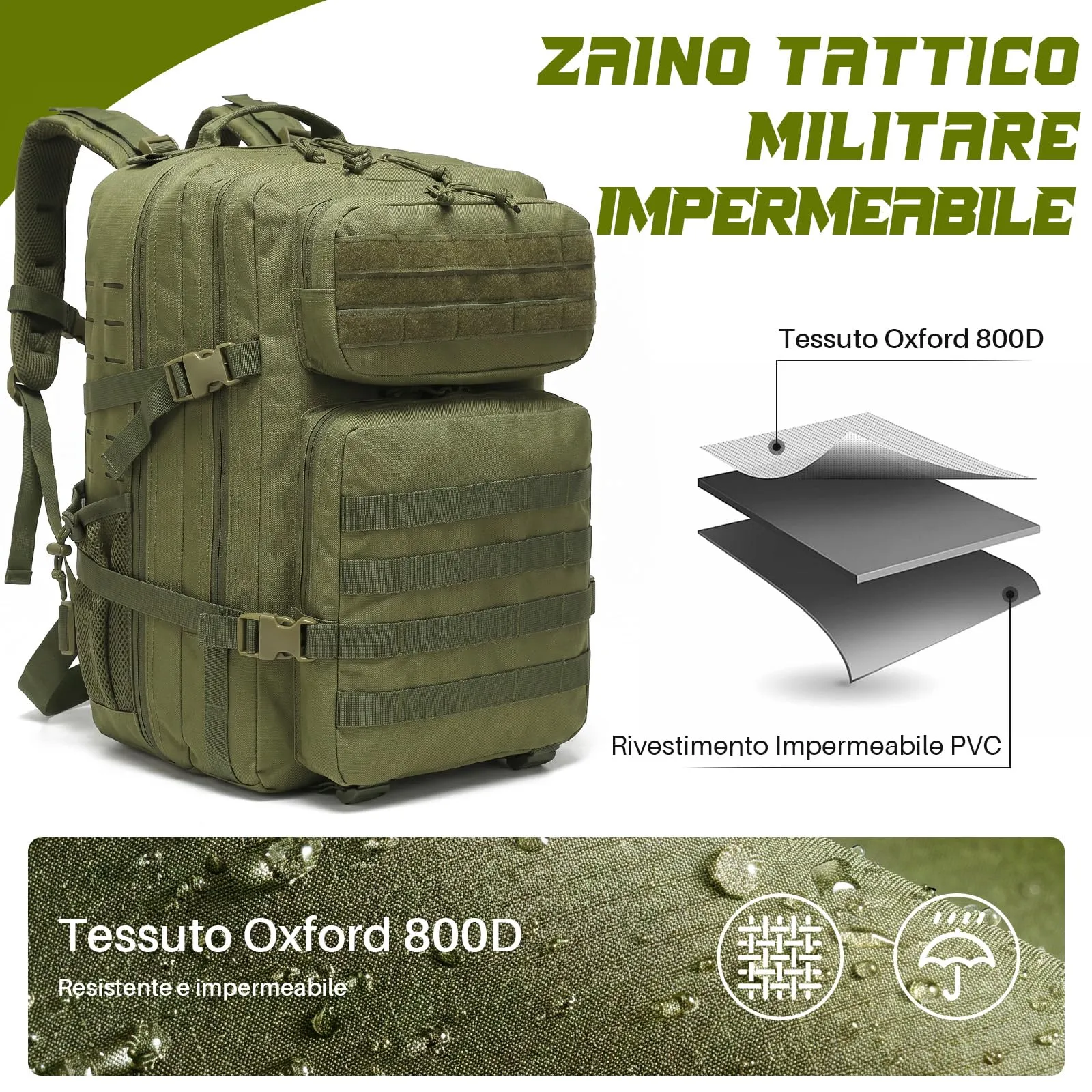 SHANNA Zaino Tattico Militare 45 Litri Impermeabile con Sistema Molle per Hiking, Campeggio e Trekking - immagine 5