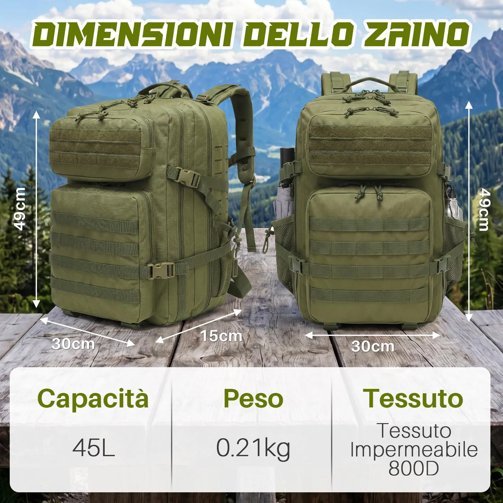 SHANNA Zaino Tattico Militare 45 Litri Impermeabile con Sistema Molle per Hiking, Campeggio e Trekking - immagine 6