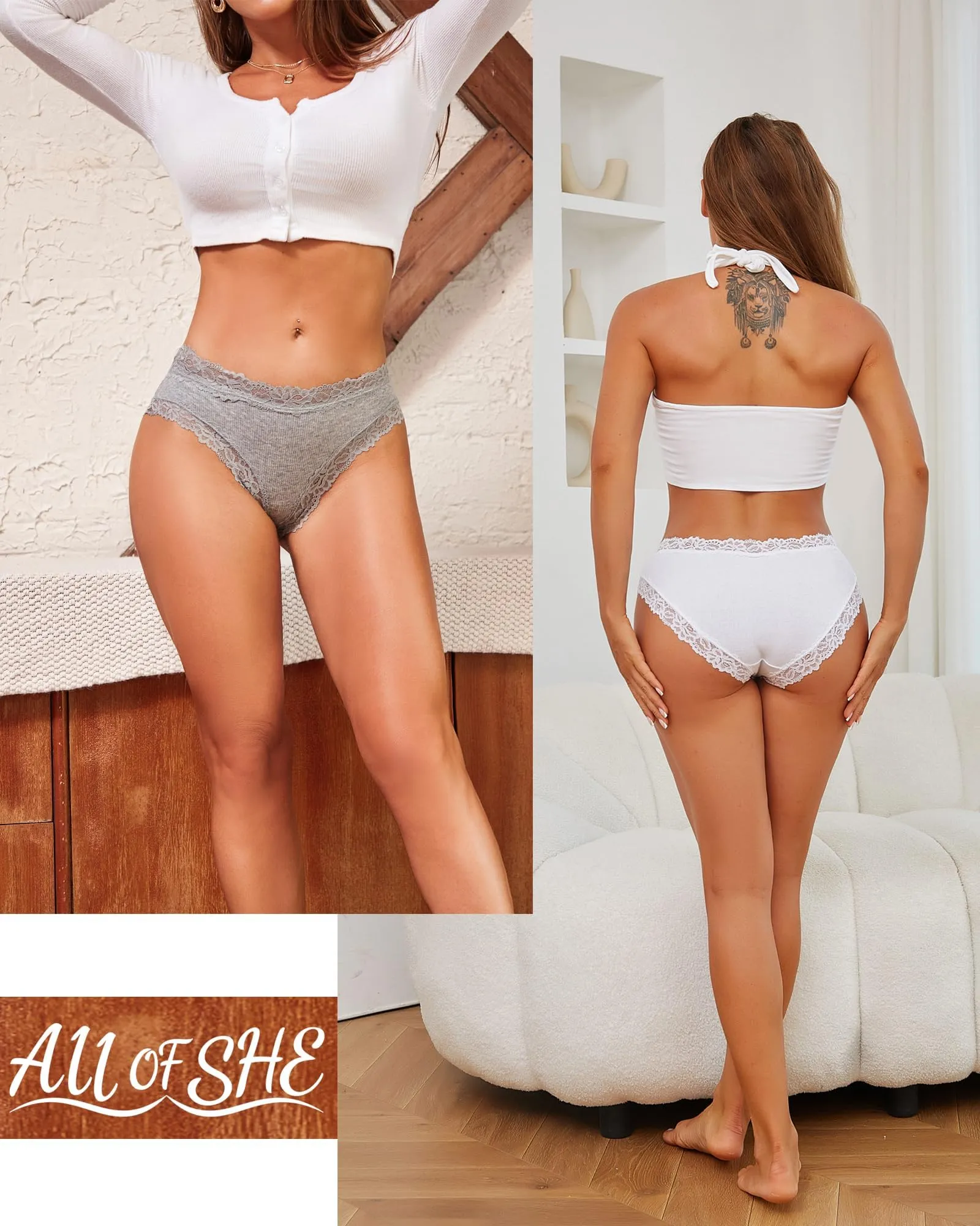 ALL OF SHE Biancheria Intima da Donna in Cotone Brasiliano e Pizzo, Set da 6 Pezzi, Taglia M - immagine 5