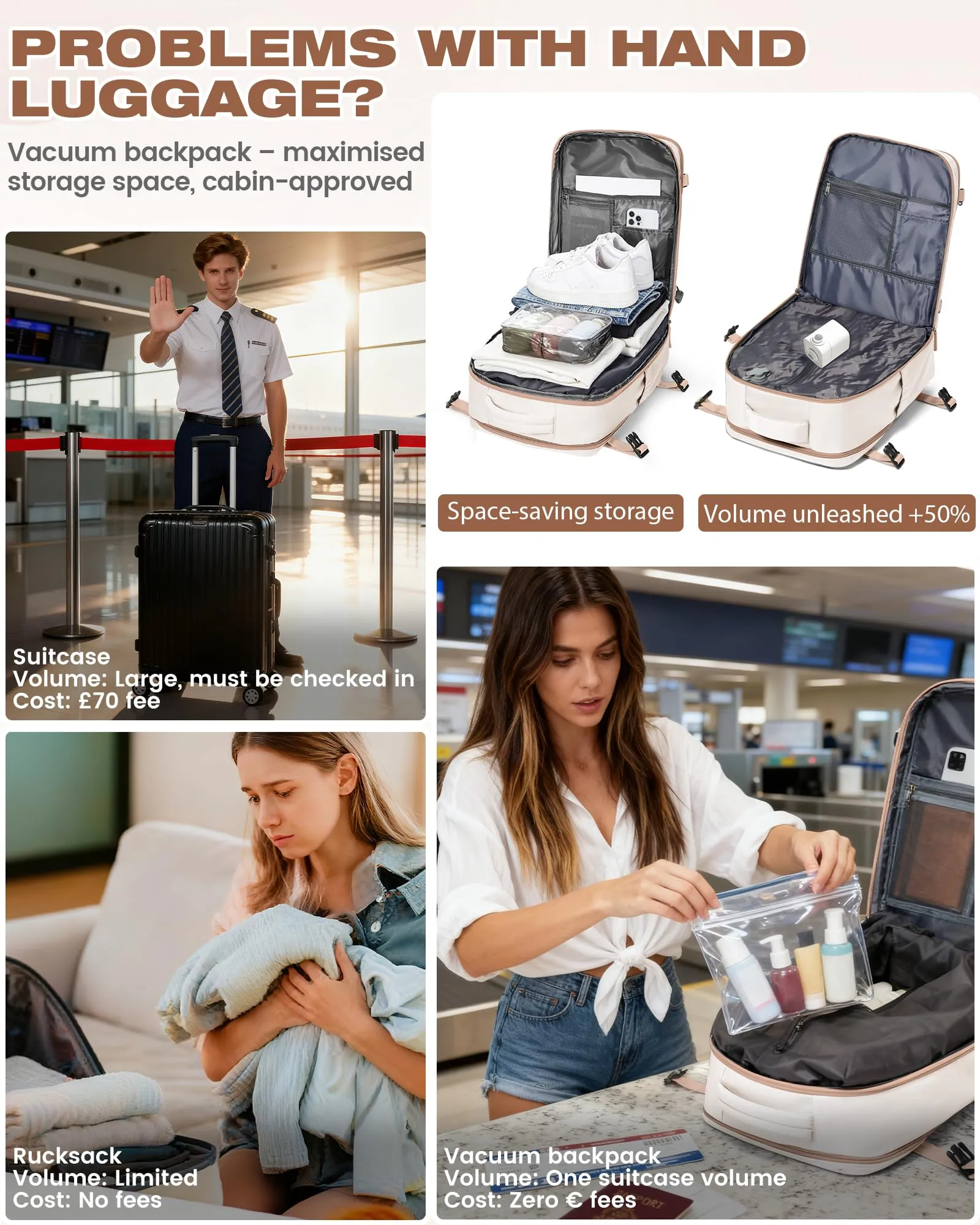 SZLX Zaino da Viaggio Sottovuoto con Pompa, Bagaglio a Mano 40x30x20 per Ryanair, Wizzair, Easyjet, Scomparto Laptop 14 Pollici e Porta Scarpe - immagine 4