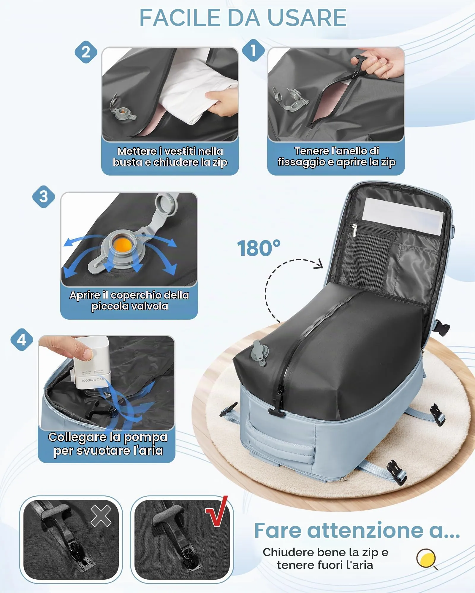 SZLX Zaino da Viaggio Sottovuoto con Pompa, Bagaglio a Mano 40x30x20 per Ryanair, Wizz Air, EasyJet, Scomparto Laptop 14 Pollici e Porta Scarpe - immagine 7