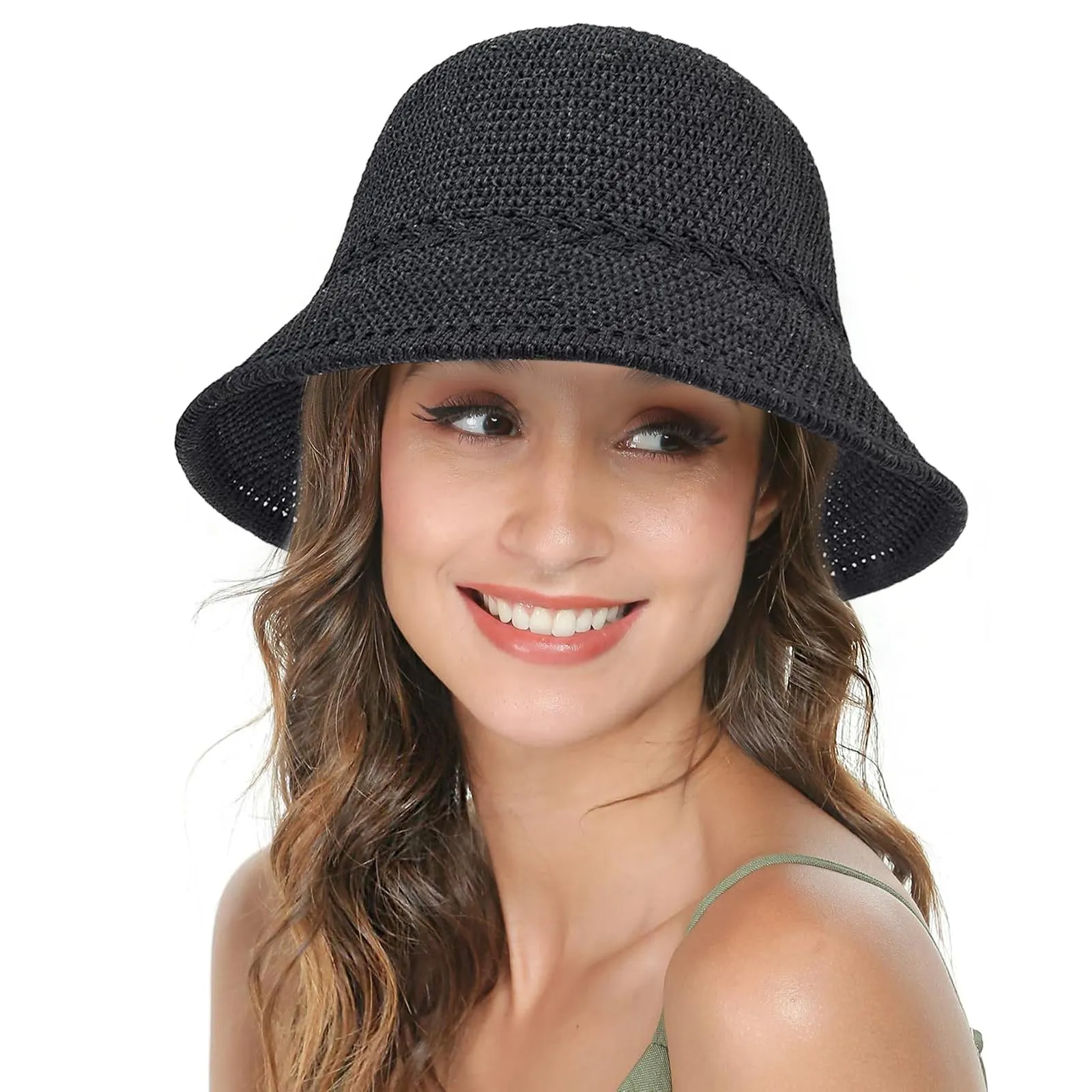 YEAMLTE Cappello di Paglia Donna Estivo Pieghevole, Nero - immagine 1
