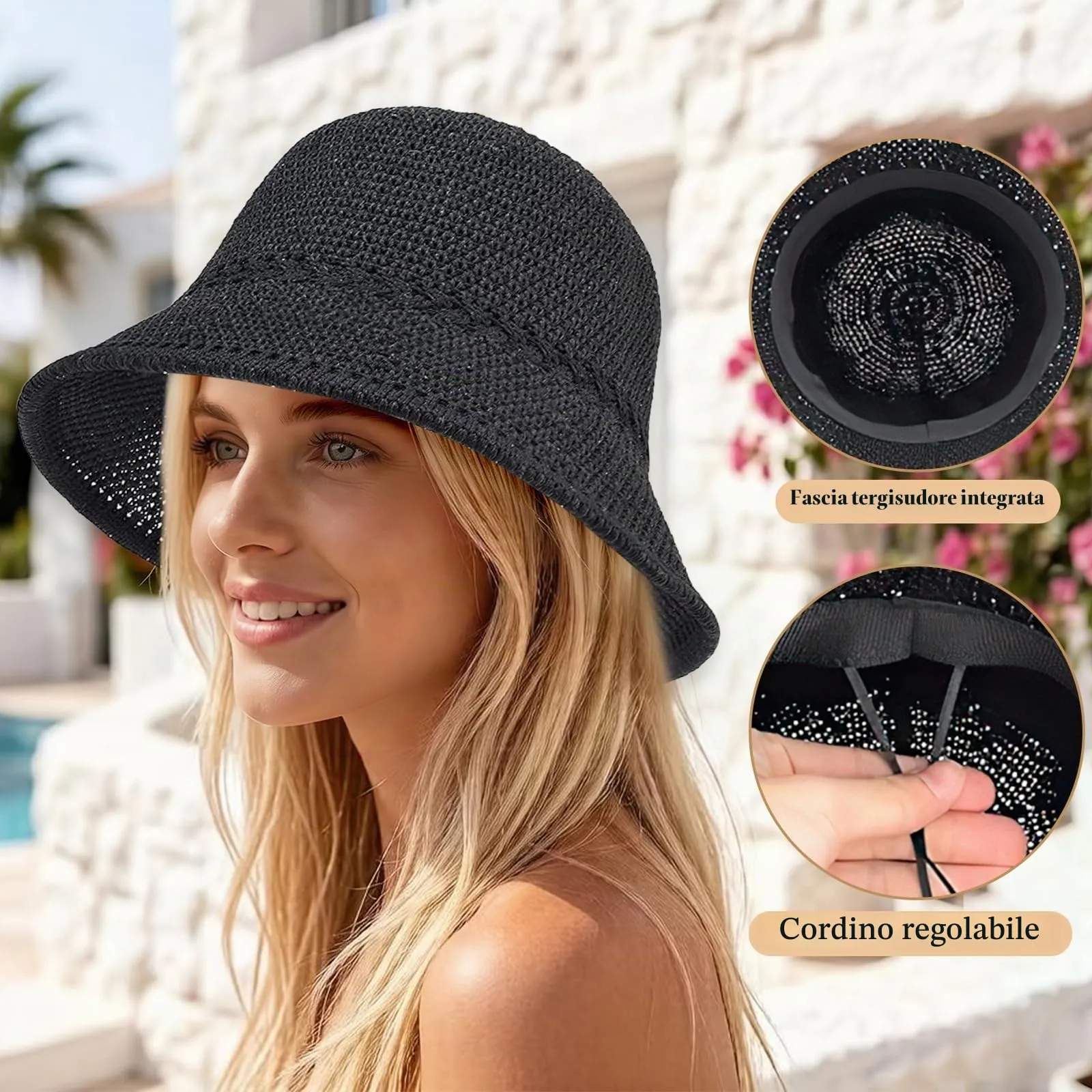YEAMLTE Cappello di Paglia Donna Estivo Pieghevole, Nero - immagine 3