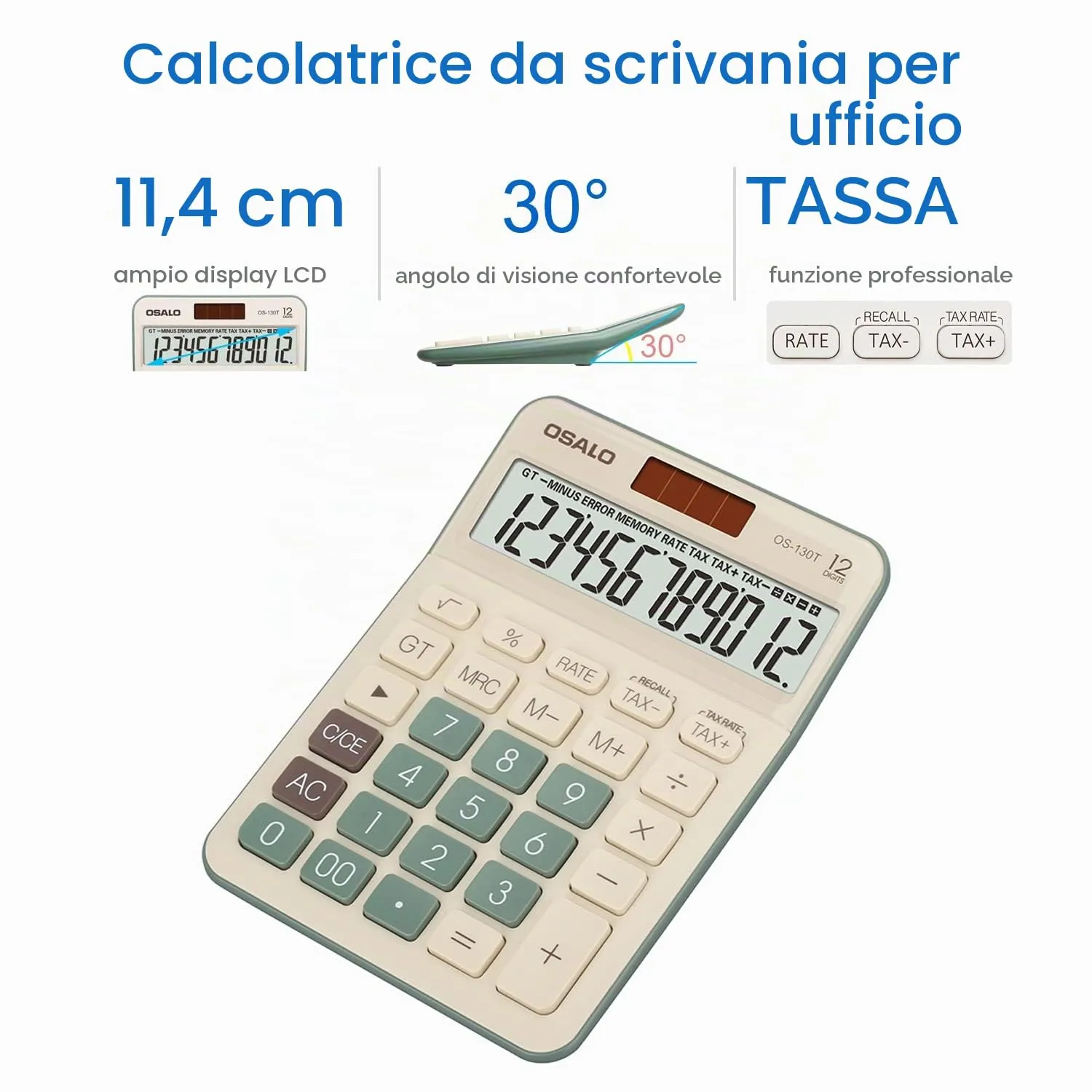 OSALO Calcolatrice da tavolo 12 cifre con funzione IVA, Batteria e Alimentazione Solare (OS-130T Verde) - immagine 2