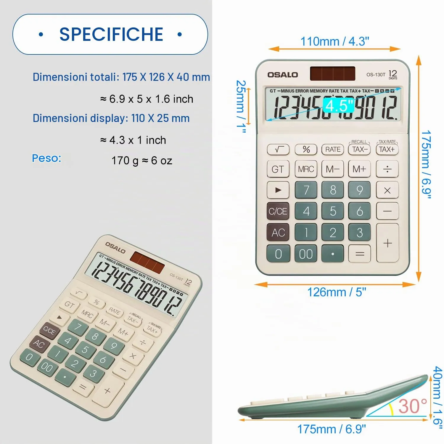 OSALO Calcolatrice da tavolo 12 cifre con funzione IVA, Batteria e Alimentazione Solare (OS-130T Verde) - immagine 4