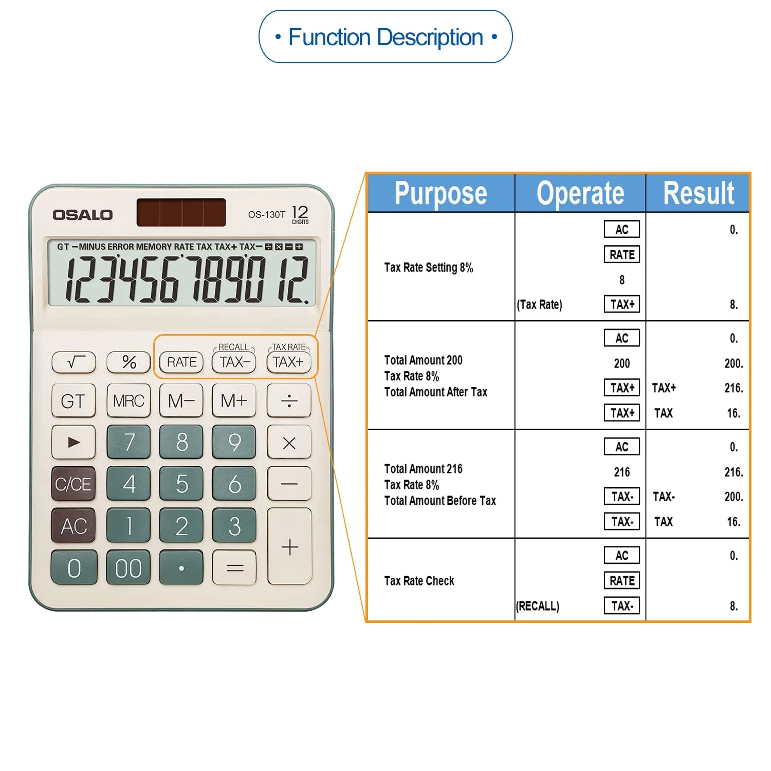 OSALO Calcolatrice da tavolo 12 cifre con funzione IVA, Batteria e Alimentazione Solare (OS-130T Verde) - immagine 5