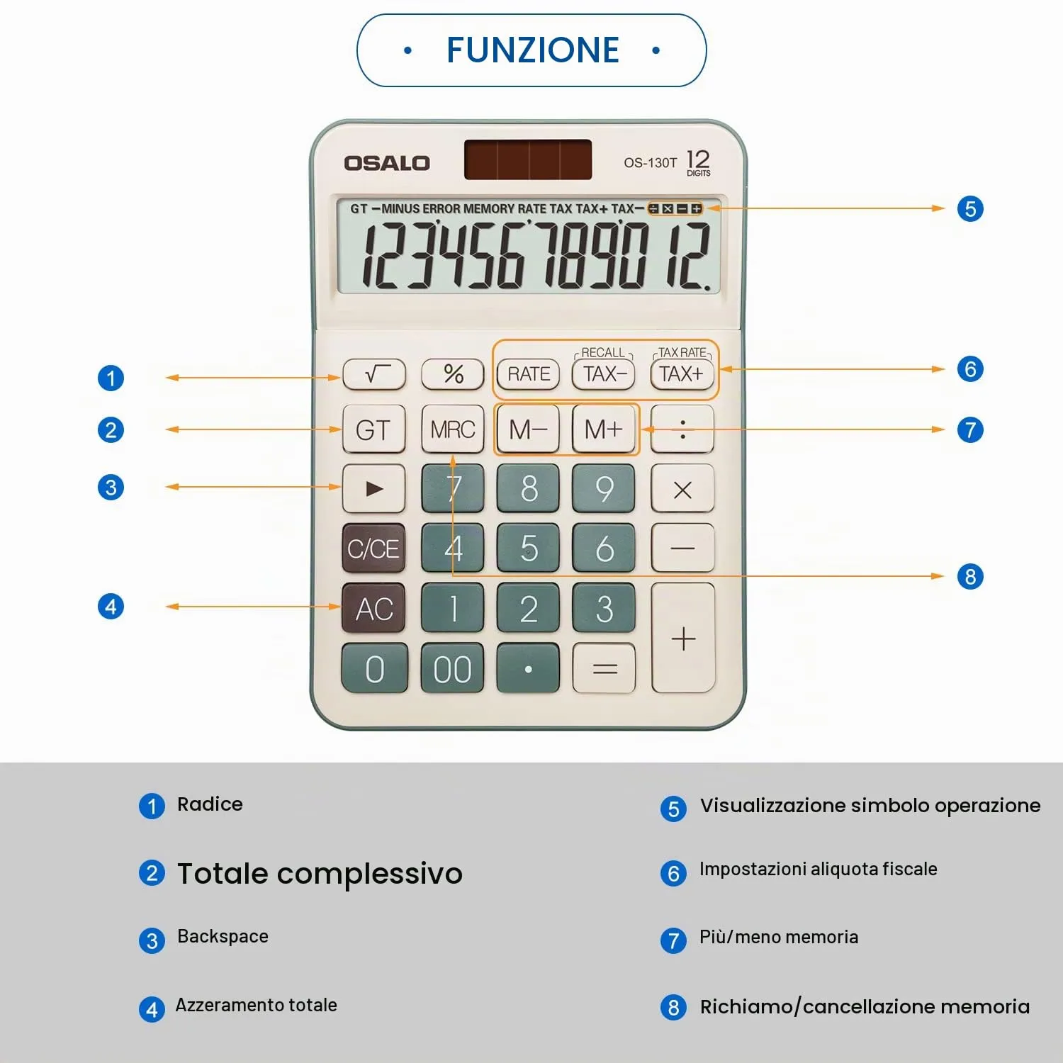 OSALO Calcolatrice da tavolo 12 cifre con funzione IVA, Batteria e Alimentazione Solare (OS-130T Verde) - immagine 6