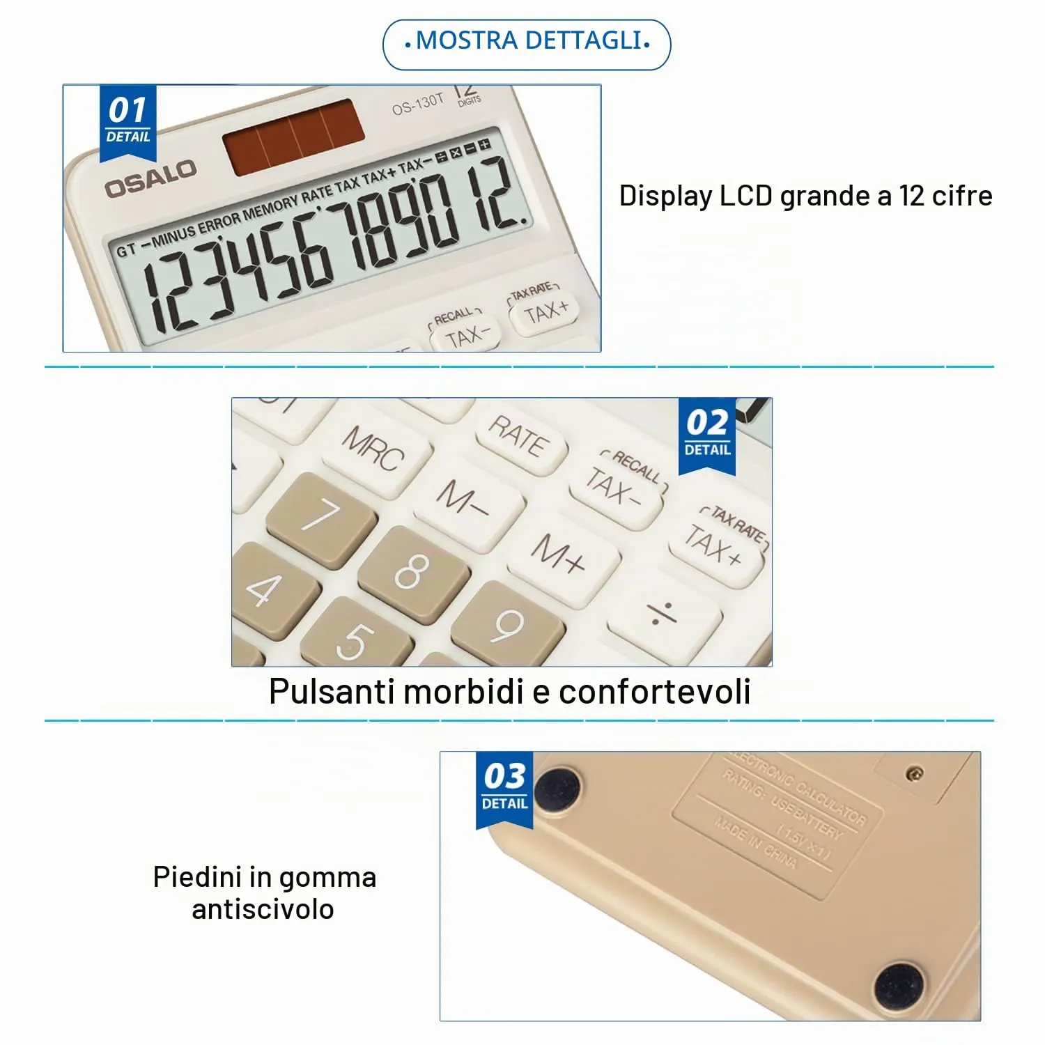 OSALO Calcolatrice da tavolo 12 cifre con funzione IVA, Batteria e Alimentazione Solare (OS-130T Verde) - immagine 8