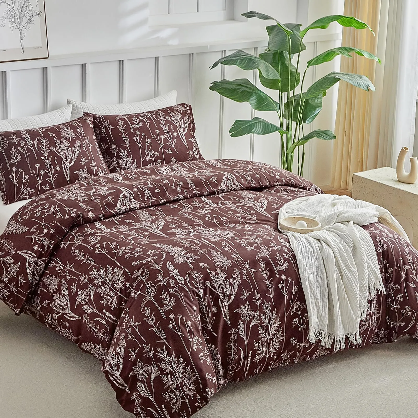 Tokokimo Set Copripiumino Matrimoniale 240x220 cm in Microfibra con Stile Rami e Foglie, 1 Copripiumino e 2 Federe 50x80 cm, Bordeaux - immagine 1